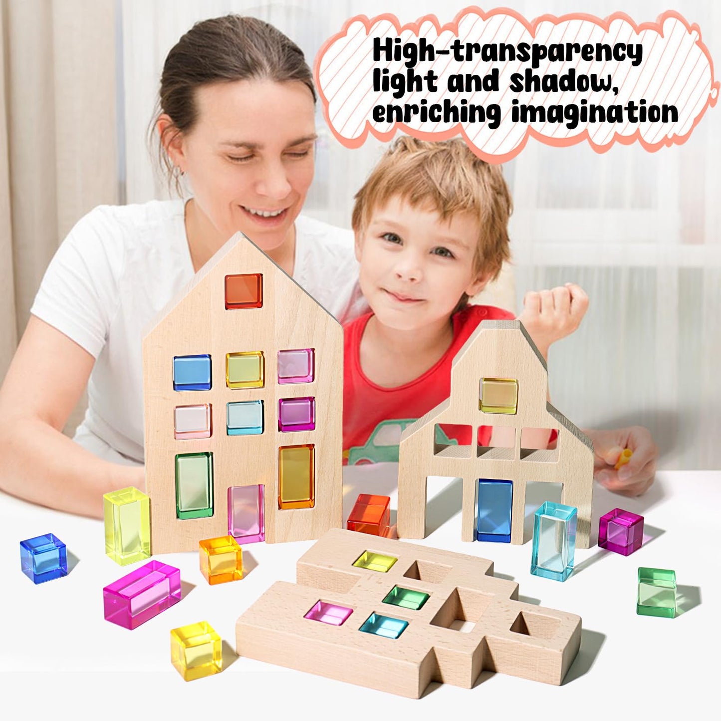 Dinhon 25 Pcs Acrylic Building Blocks with 3 Beech Wood Houses - 17 Cubes + 8 Long Blocks Rainbow Gem Set, Insert & Stack Sensory Toy for 1-5 Years Old Boys Girls, Creative Play Birthday Gift