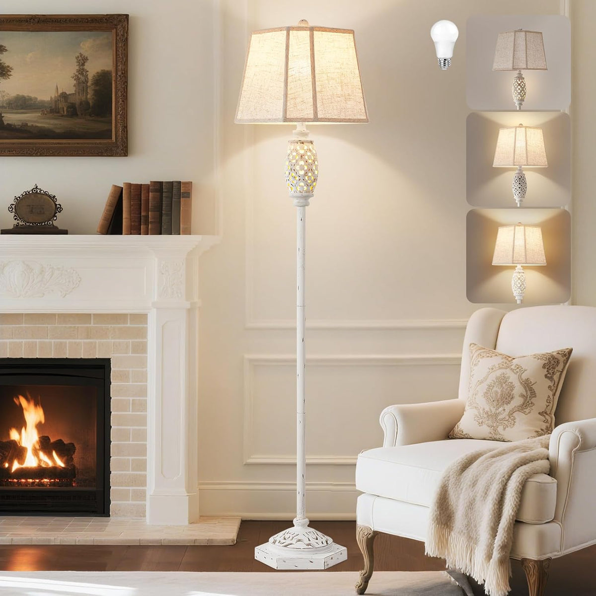 Luvkczc Rustic Floor Lamp with Floral Cutouts & Light, Vintage Farmhouse Style Standing Lamp Resin Floor Lamps for Living Room, Bedroom,Study (Bulb Included)