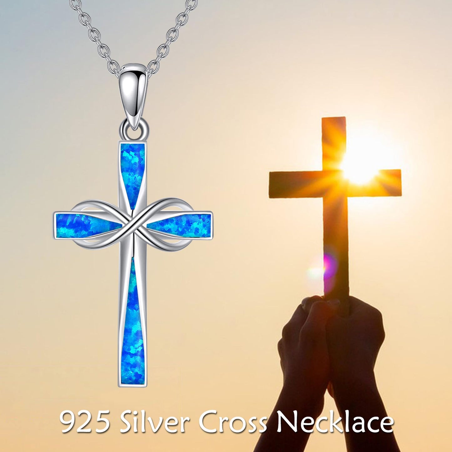 ONEFINITY Infinity Cross Necklace 925 Sterling Silver Blue Opal Pendant Necklace Cross Jewelry Gifts For Women Men