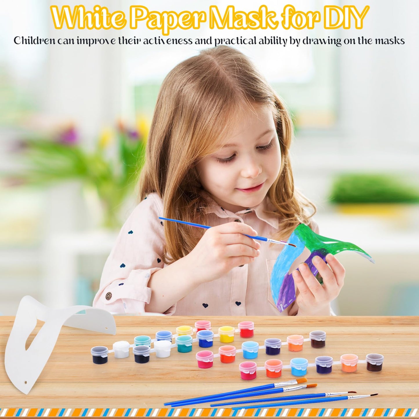 Tisancy 24 Pack White Paper Mask Half Face Masquerade Mask DIY with 12 Colors Acrylic Paint and Brushes Paper for Prom Prom(Acrylic Paint)