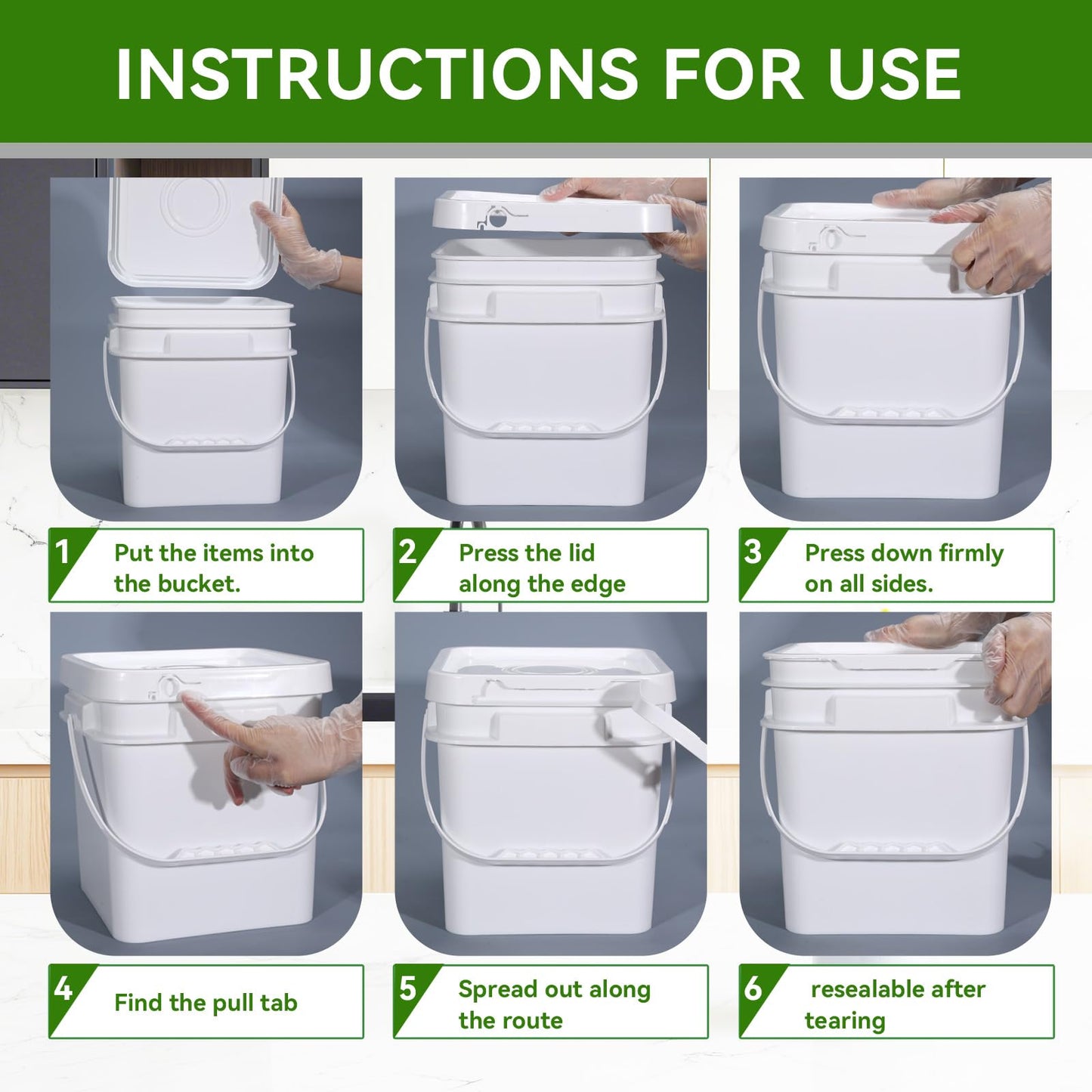 UMETASS Bucket with Lid - 4 Packs Square White Plastic Storage Containers, Food Safe with Handle, Airtight Pressure Lids for Kitchen & Home (White, 1 gal)