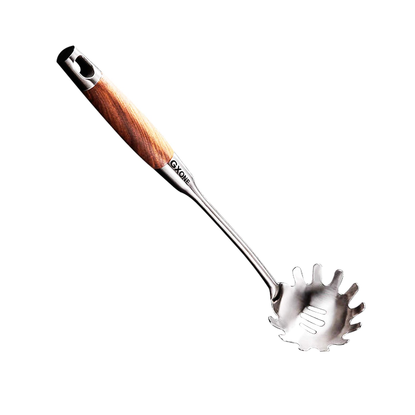 GXONE Spaghetti Spoon,304 Stainless Steel Pasta Spoon with Heat Resistant Wooden Handle,Silver/14.2Inch