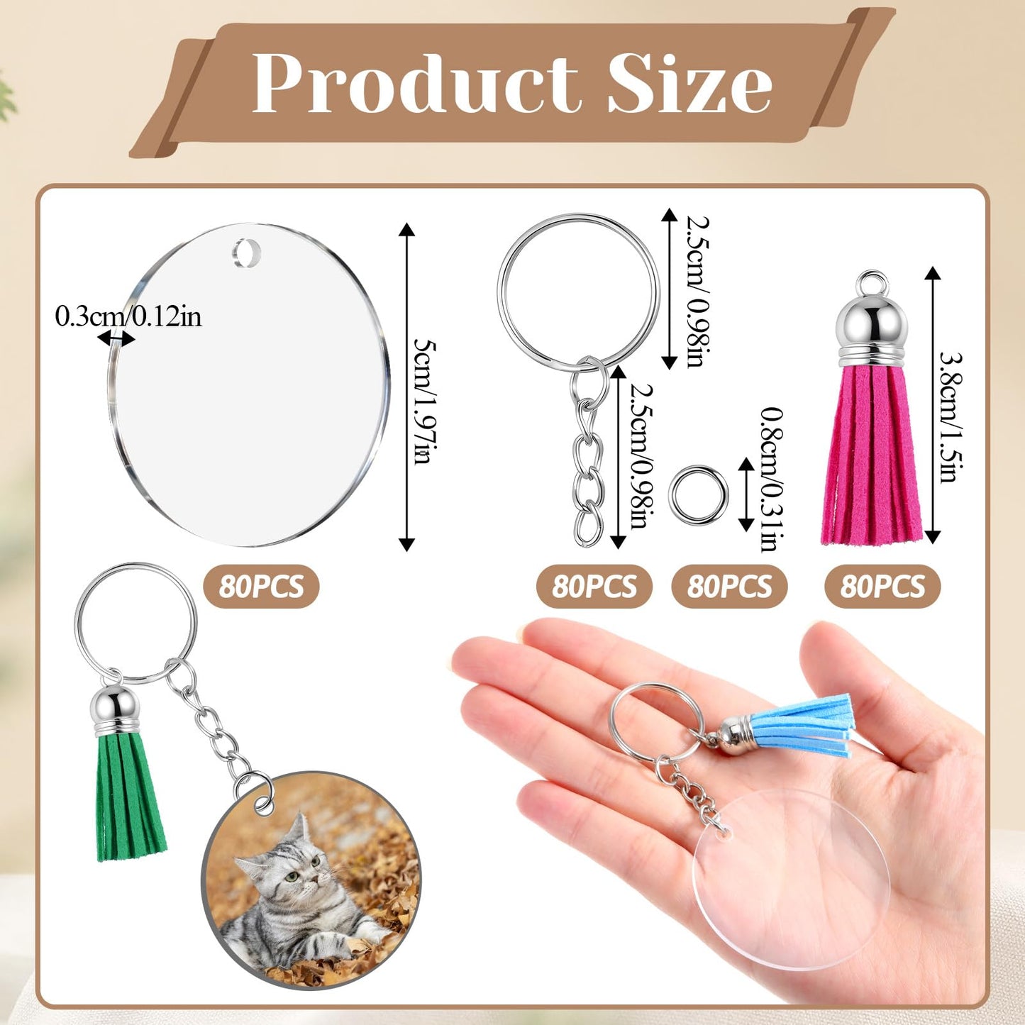 SHENLIU 320 Pcs Acrylic Keychain Blanks Kit, 2 Inch Round Double-Sided Clear Acrylic Blanks with Tassels Key Rings Jump Rings for DIY Keychain Making Sublimation Craft