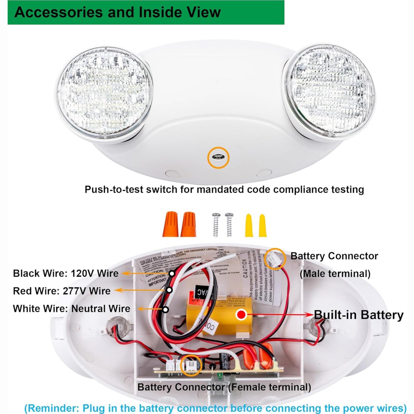 LIT-PaTH LED Emergency Lighting Fixtures with 2 LED Bug Eye Heads and Back Up Batteries- US Standard Exit Light, UL 924 and CEC Qualified, 120/277 Voltage, White, 1-Pack