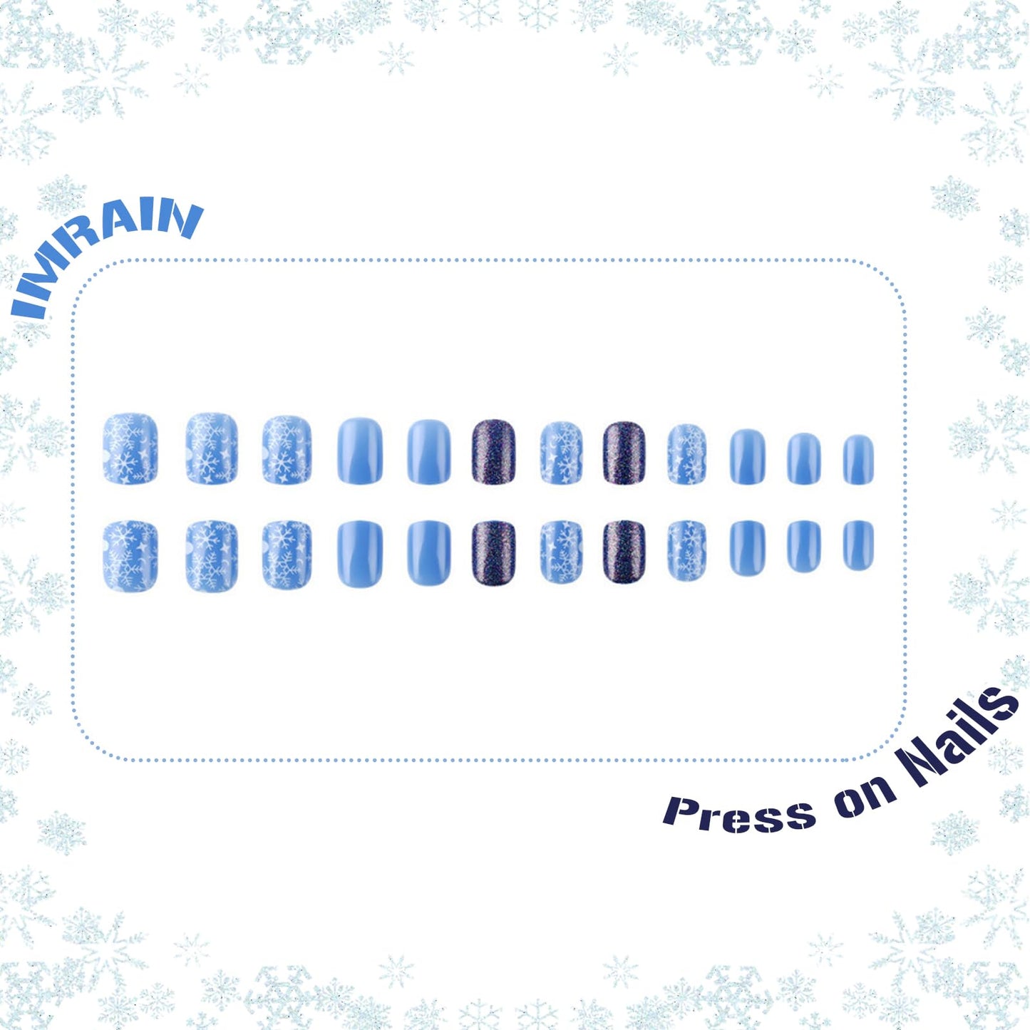 IMRAIN Short Square Press on Nails Blue White Fake Nails with Snowflakes Designs Gel Glue on Nails Glossy Xmas Acrylic False Nails Winter Stick on Fingernails for Women