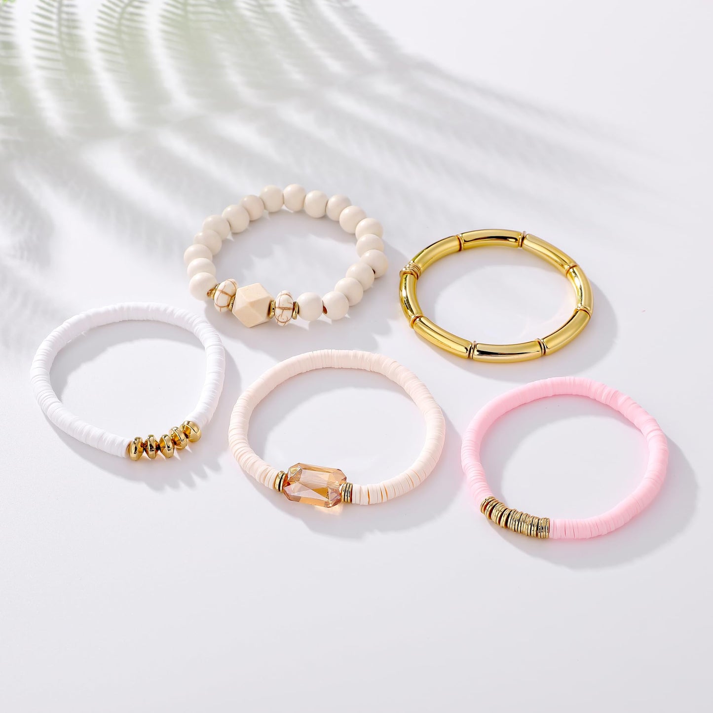 GOOJIDS Simple Beaded Gold Plated Bangles Bracelet Chunky Bamboo Tube Curved Stacking Clear Acrylic Colorful Beads Stretchable Gold Plated Bracelets Set For Women