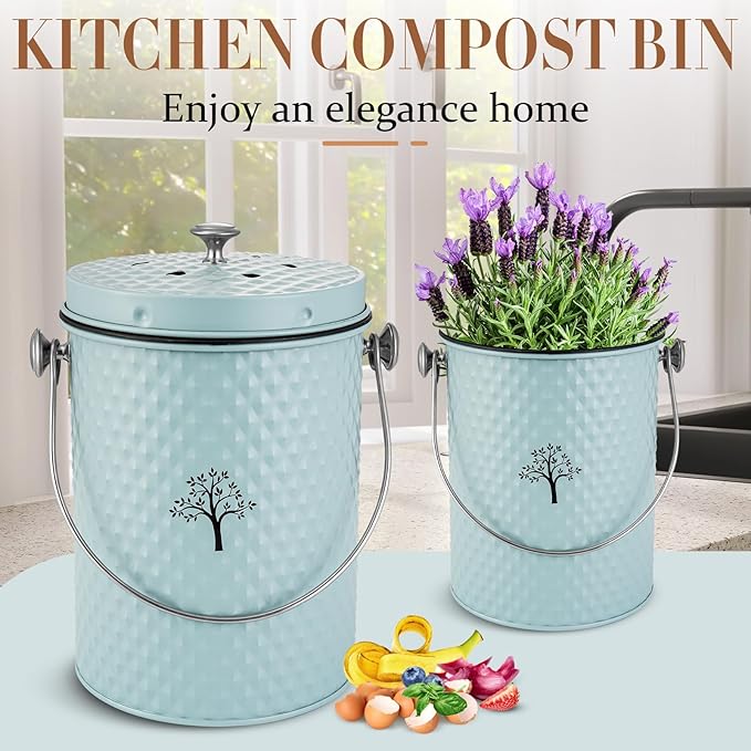 AOSION Countertop Compost Bin Kitchen,Odor Resistant Indoor Compost Bin with Lid and Compost Bags,Compost Bucket Composter Container for Food Waste,Blue