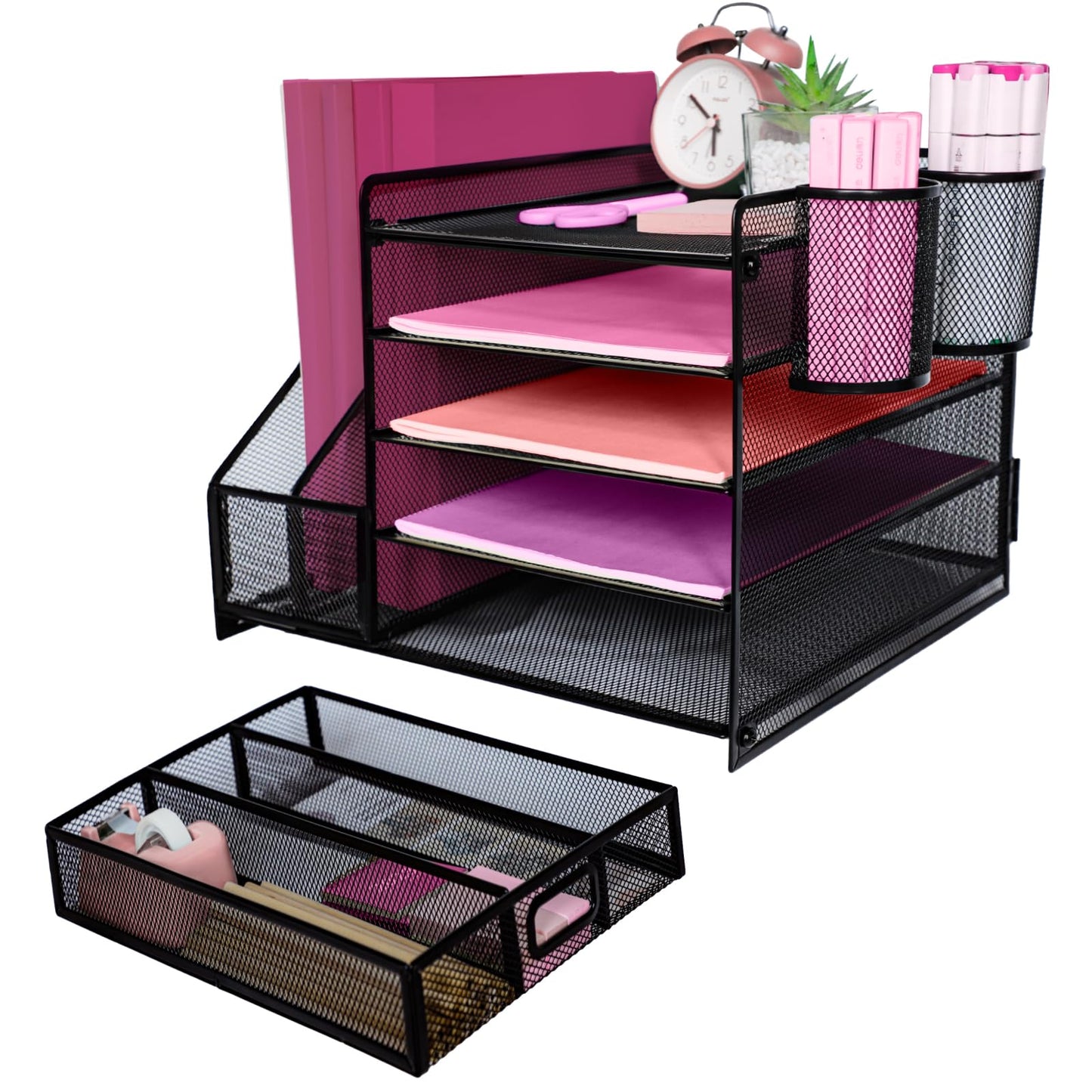 ideallife Desk Organizers and Accessories with File Holder, 5-Tier Paper Letter Tray Organiser with Drawer and 2 Pen Holder, Mesh Desktop Document Organizer for Office Supplies, Workspace - Black