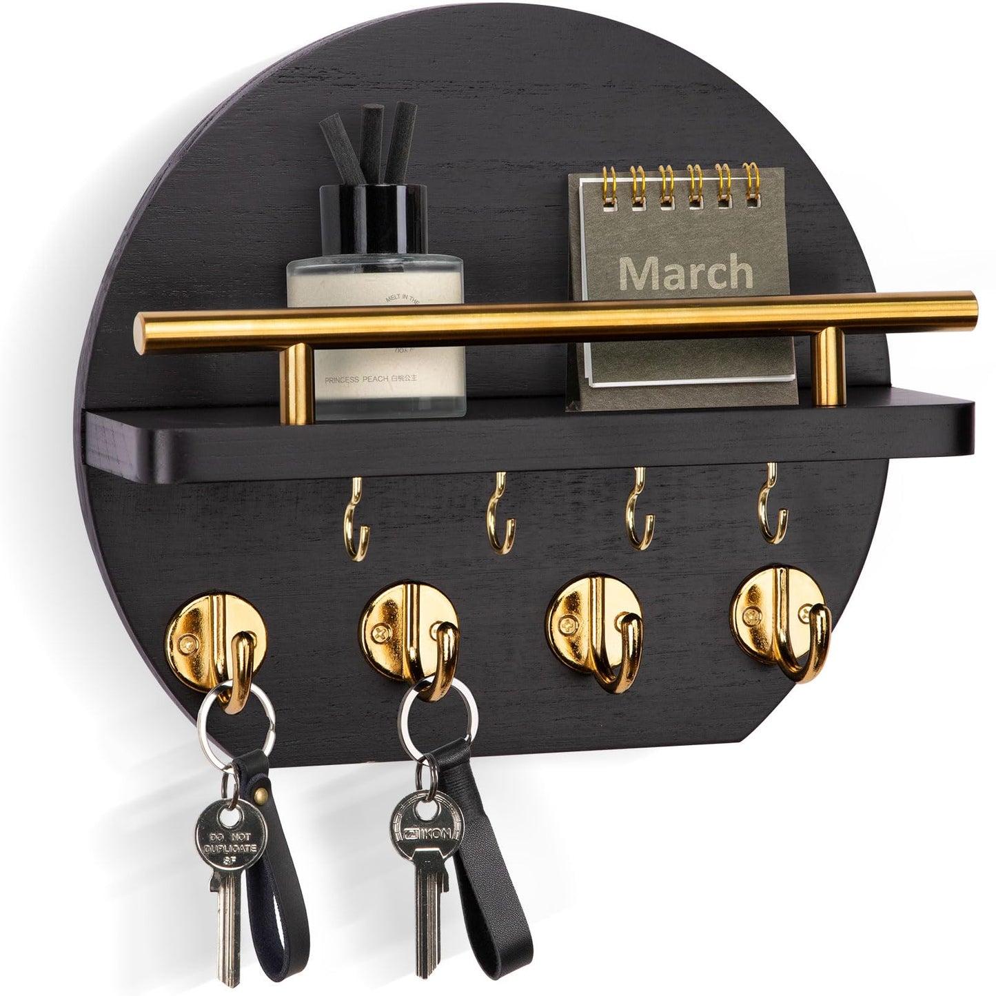 Nekon Key Holder for Wall - 9.8 Inch Apartment Wall Decor with Shelf and 8 Key Hooks, Circular Wood Key Hanger for Home Decor (Black with Golden Hooks)