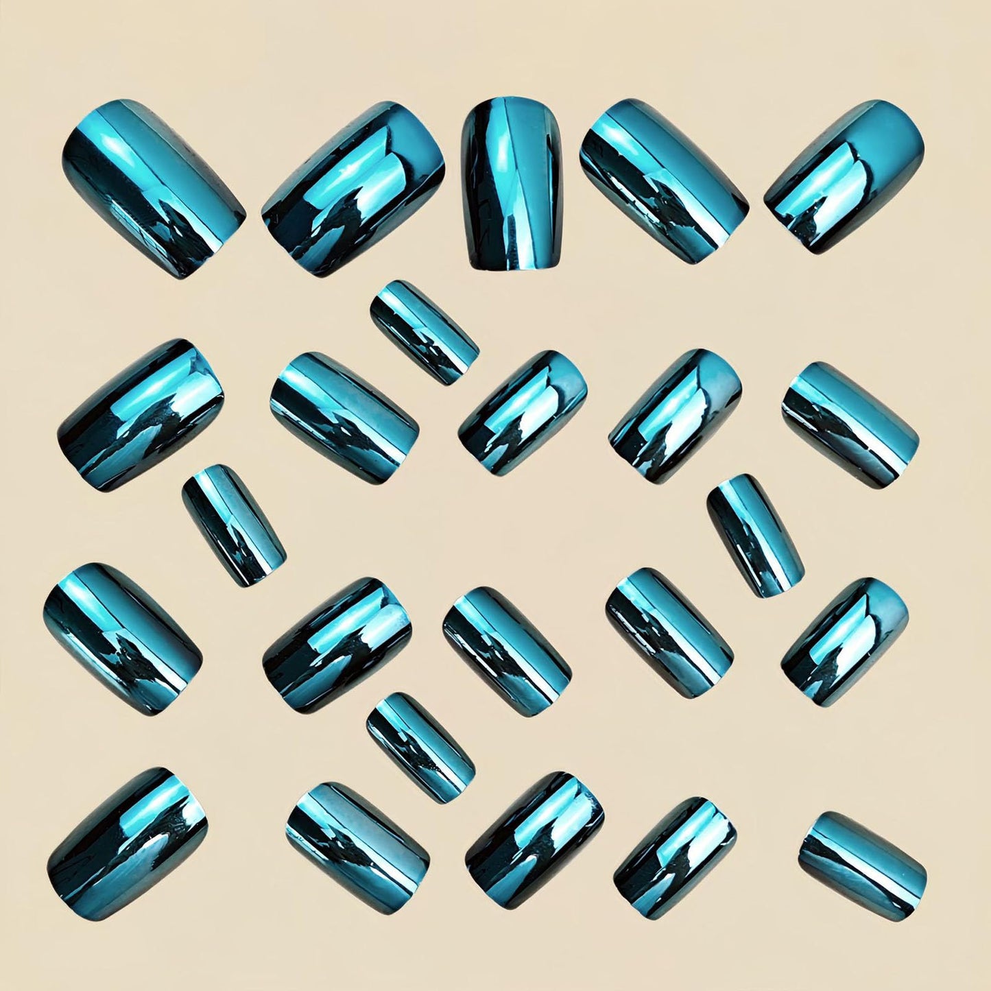 RUOKEXIN Medium Length Press on Nails Square Fake Nails Blue Chrome False Nails Full Cover Nail Press ons Sparkly Artificial Nails for Women 24Pcs