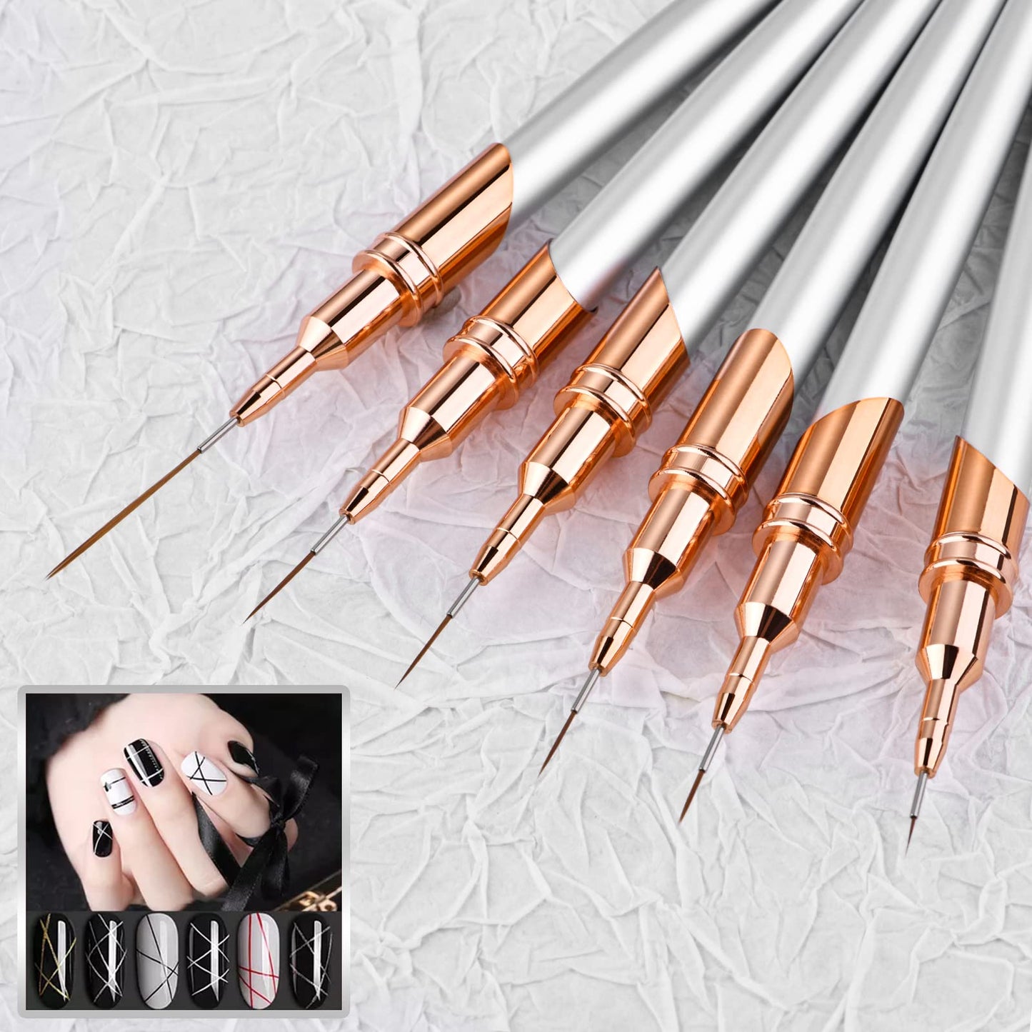 Yasterd 6pcs Nail Art Brushes Liner Striping Brush Set Nail Art Long Striper Pen, Nylon Bristles, Silver Metal Handle, 5/7/9/11/15/25mm