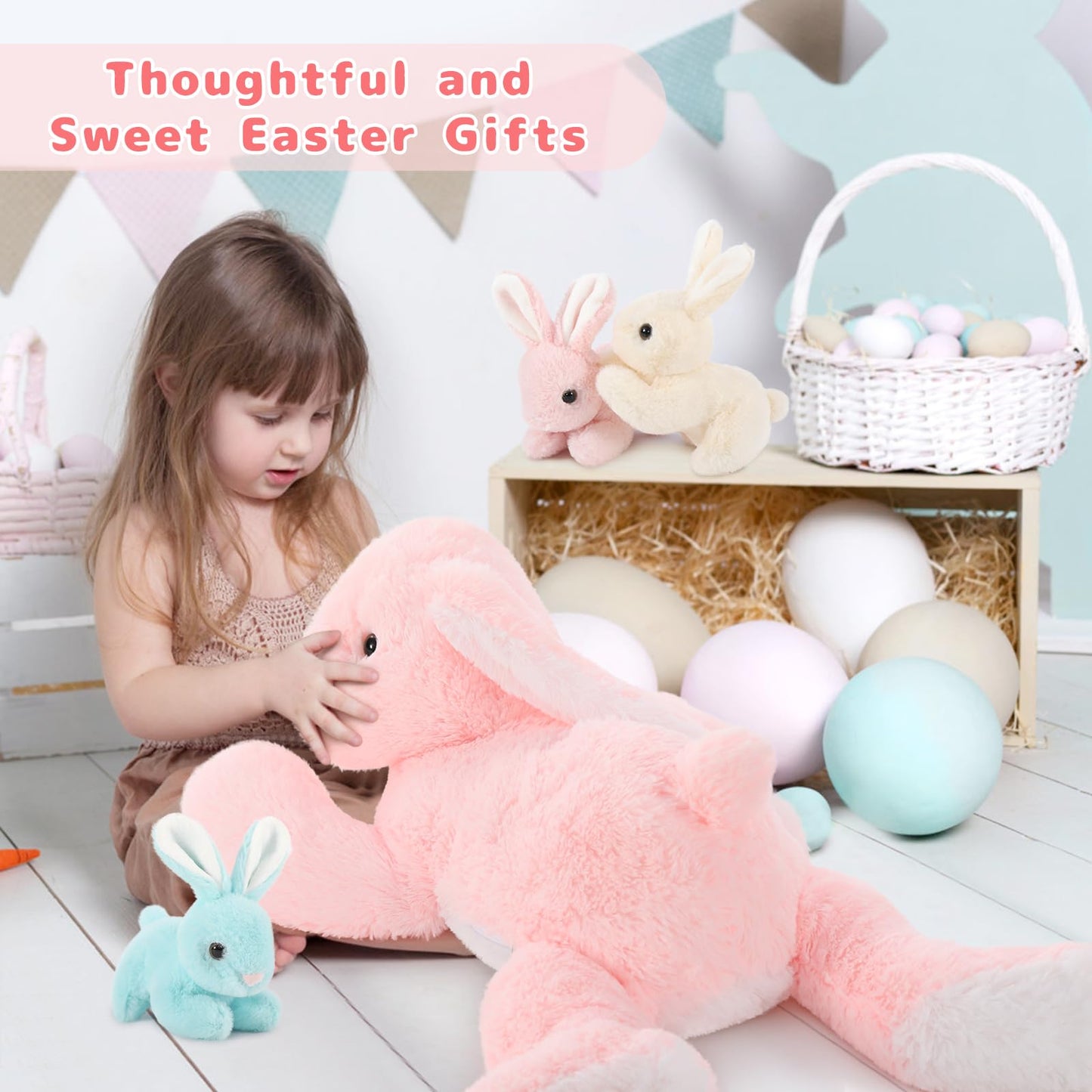 BENINY Big Pink Bunny Stuffed Animal 24" - Large Easter Stuffed Bunny Rabbit Plush Toy Gifts for Girls Baby - Plushy Mommy Bunny Surprise with 3 Babies Inside