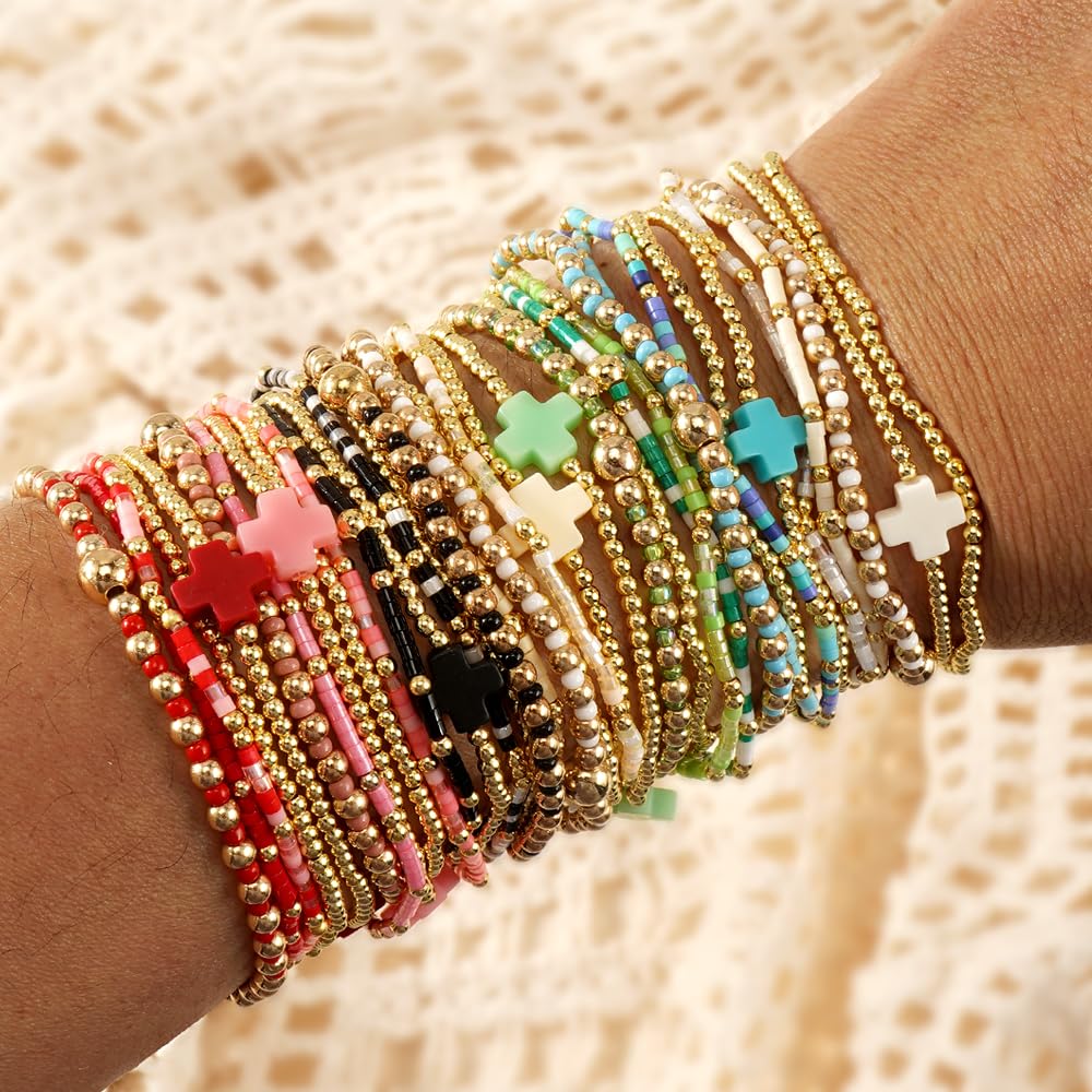 Bohxantium Gold Cross Beaded Bracelets Stack for Women, Black Boho 5PCS Stackable Stretch Set with 14K Gold Beads Waterproof Non Tarnish Jewelry for Beach Summer Party Christian Faith Friendship Gift