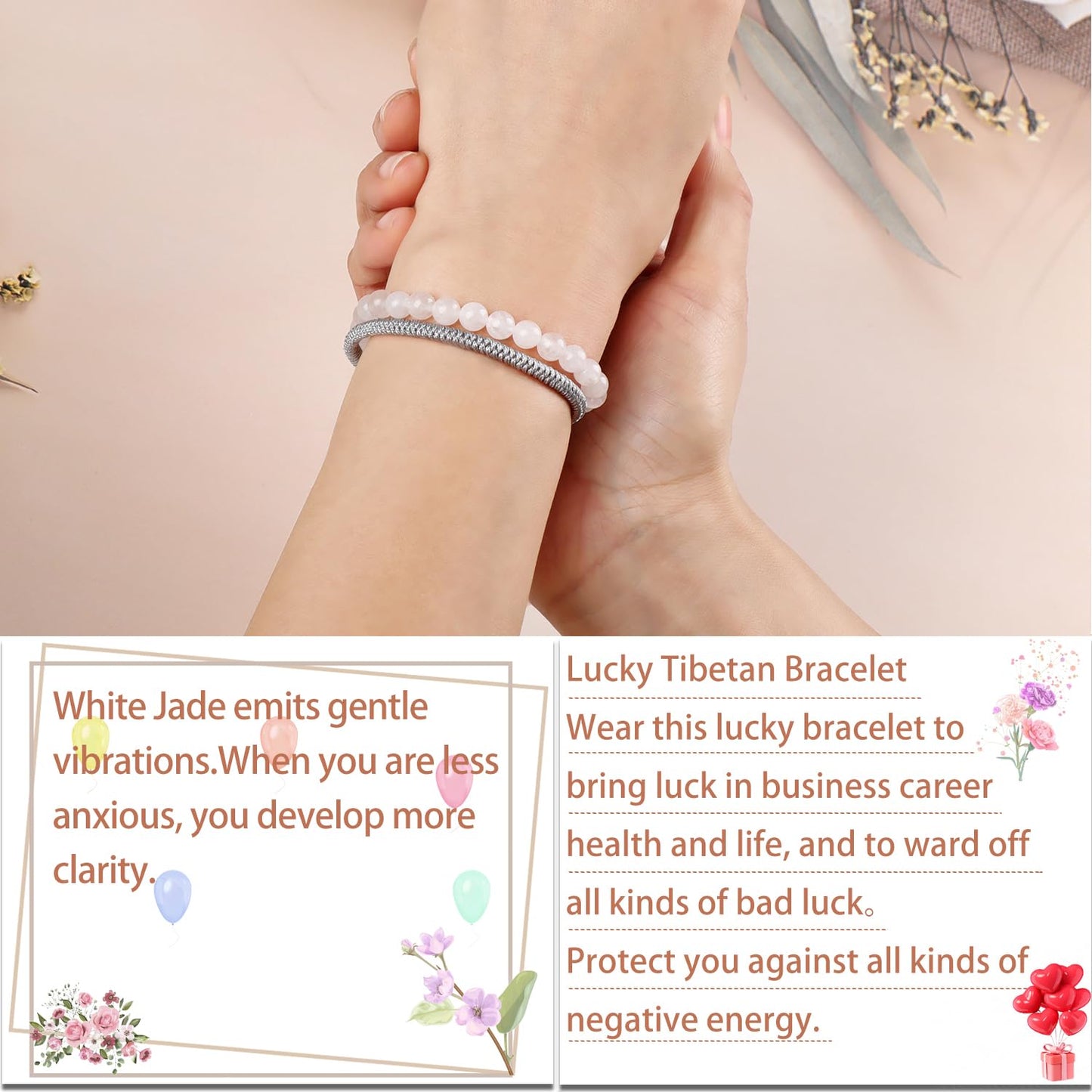 LPBeads 6mm White Jade Bracelet with Handmade Rope Bracelet Size Adjustable Natural Stone Crystal Healing Bracelets Gifts for Unisex Adults