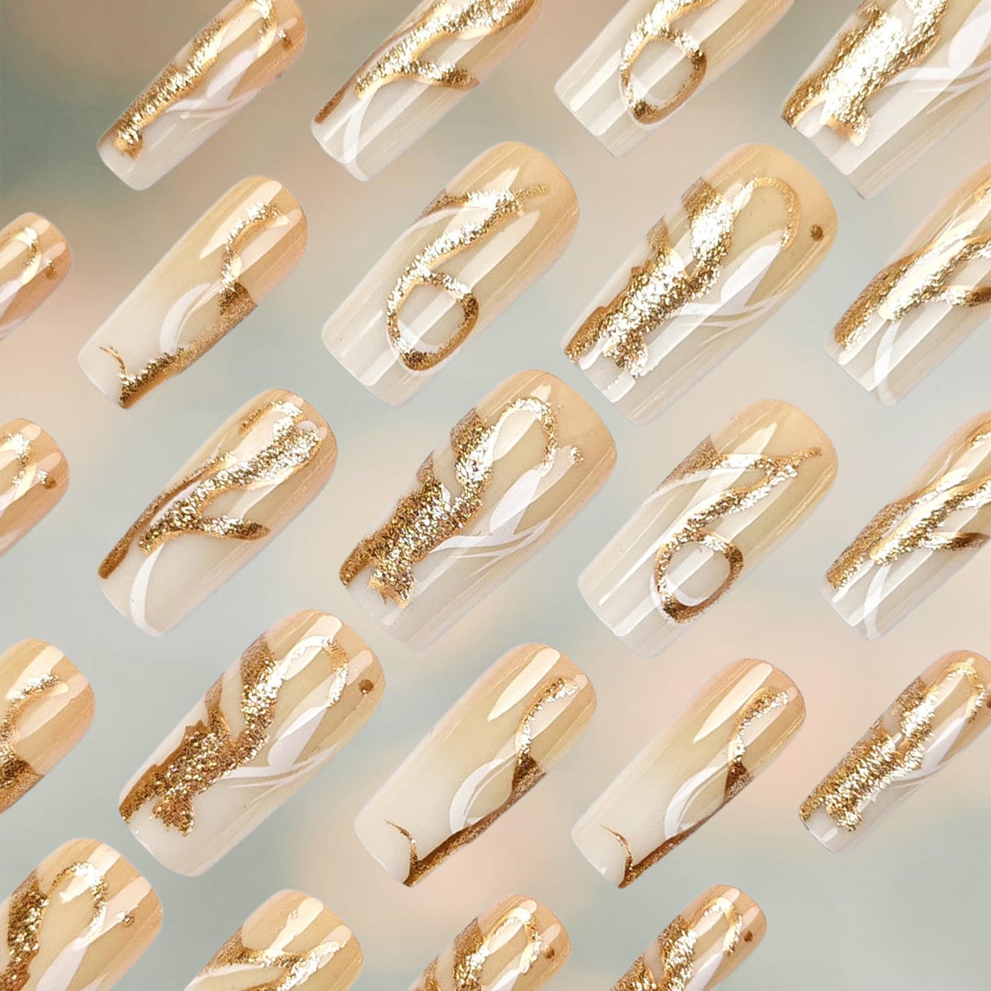 Gold Glitter Press on Nails Medium Square Fake Nails with Curve Lines Design Acrylic False Nail Tips Glossy Full Cover Stick on Nail Reusable Artificial Glue on Nails for Women Manicure 24Pcs