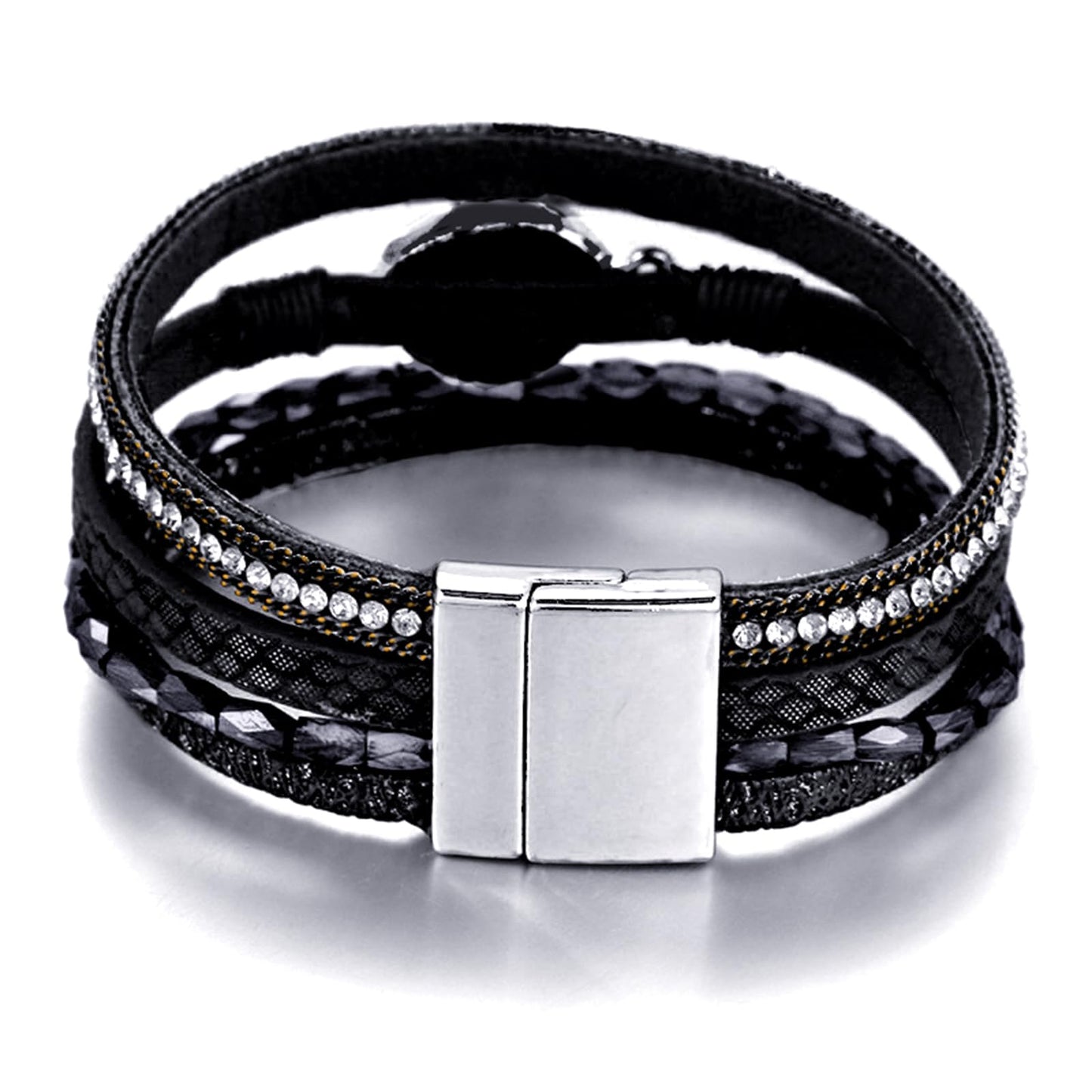 Fesciory Leopard Bracelet for Women, Boho Leather Wrap Multi-Layer Pearl Crystal Bracelet Bangle Jewelry(Black Stone(Short))