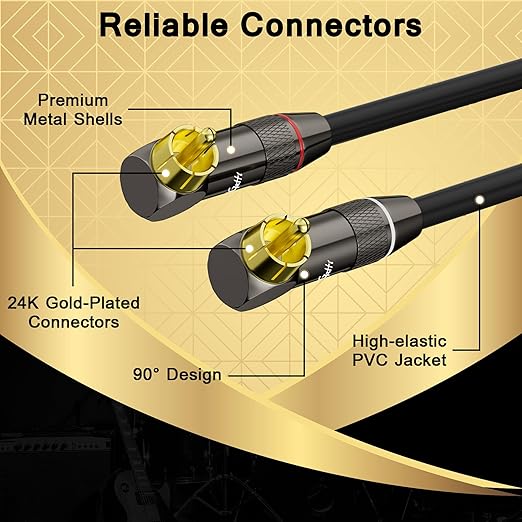 Right Angle RCA Cable 3 FT, 90 Degree 2RCA to 2RCA Stereo Audio Cable, Zinc Alloy Shell, Gold-Plated Plug, 2 RCA Audio Cord, for Home Theater, Subwoofer, HDTV, Amplifier, Hi-Fi System, Car, Speaker