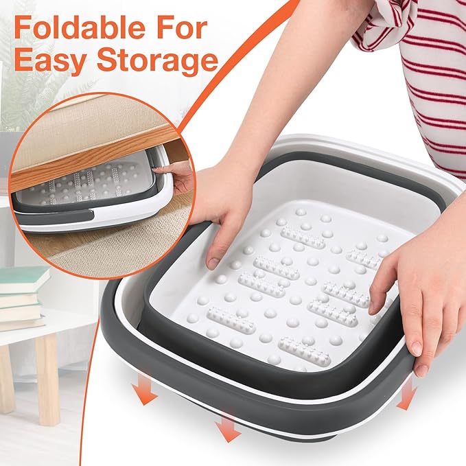 Udefineit Collapsible Foot Soaking Tub with Handle, 15L/4 Gallons, Portable Pedicure Feet Spa Tub, Plastic Feet Soaking Basin with Acupressure Massage Points, Folding Foot Spa Pedicure Bowl - Grey