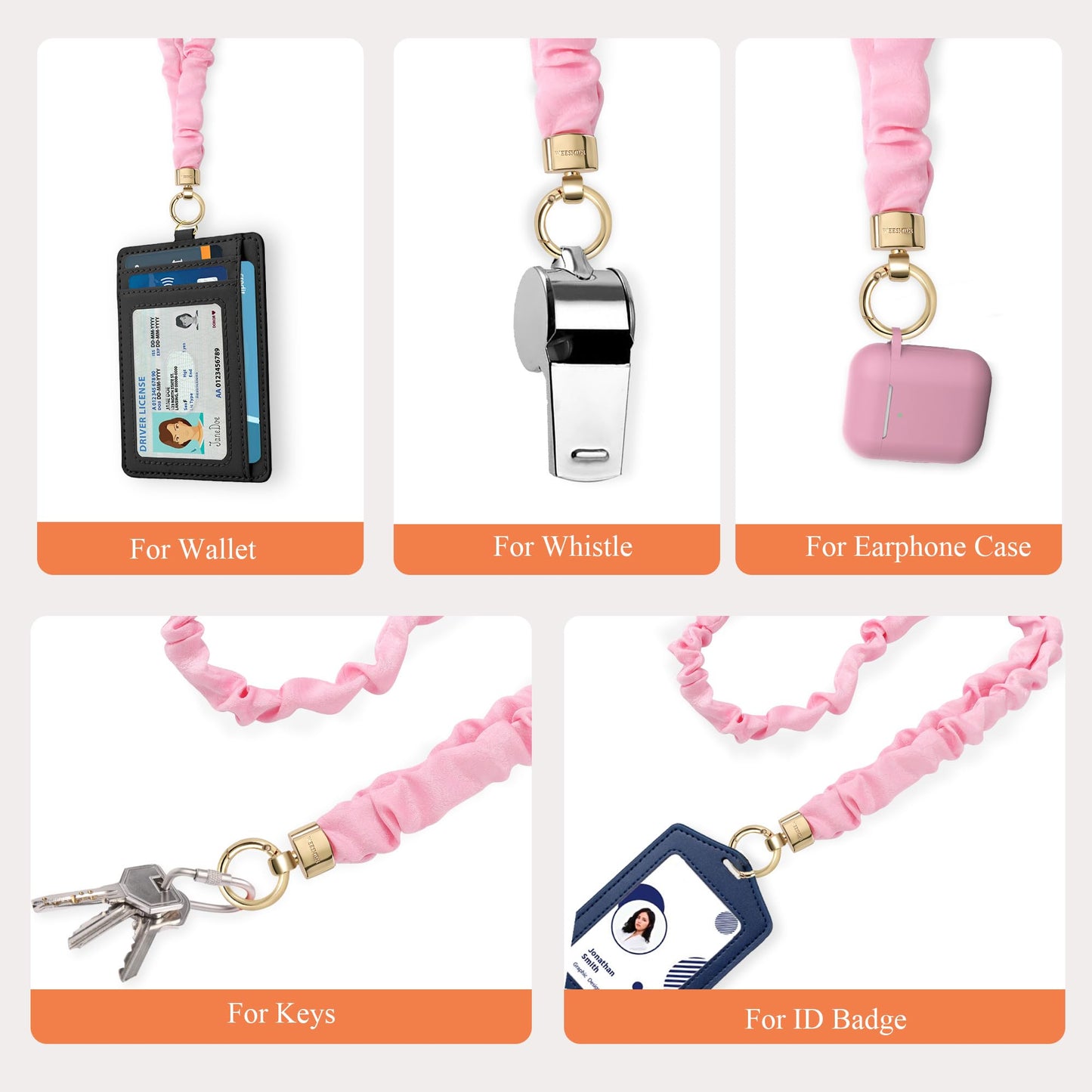 WEESMILE 2 Pcs Retractable Scrunchie Lanyard & Keychain Wristlet, Cute Key Lanyards for ID Badge | Stretchy Neck Lanyard for Women, Teachers (Pink)