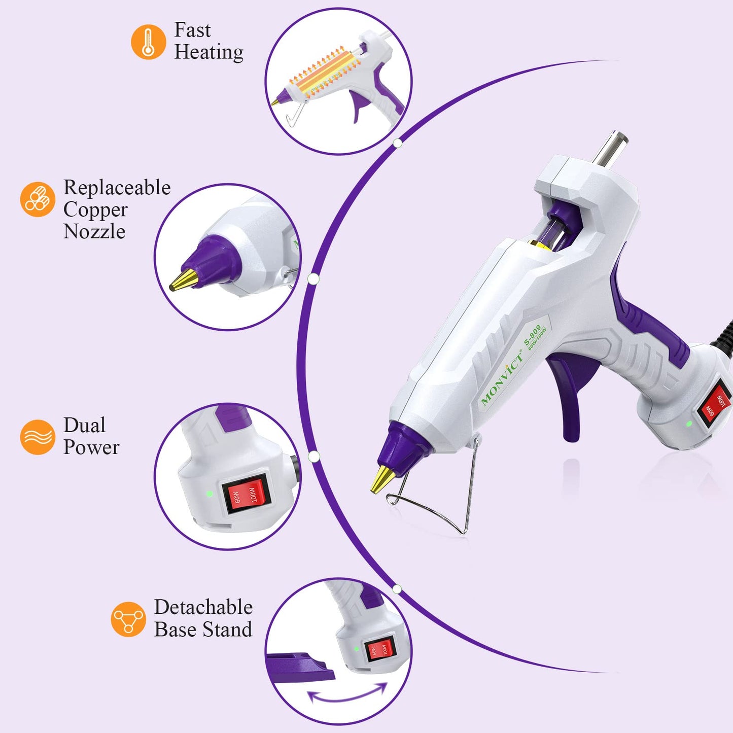 MONVICT 60/100W Full Size Hot Glue Gun Kit and Pack of 50 Hot Glue Sticks 5.9' & 0.43, Base Stand Heavy Duty Melt Glue Gun Kit with 15 Pcs Glue Sticks & 3 Finger Protectors for Quick Repairs,