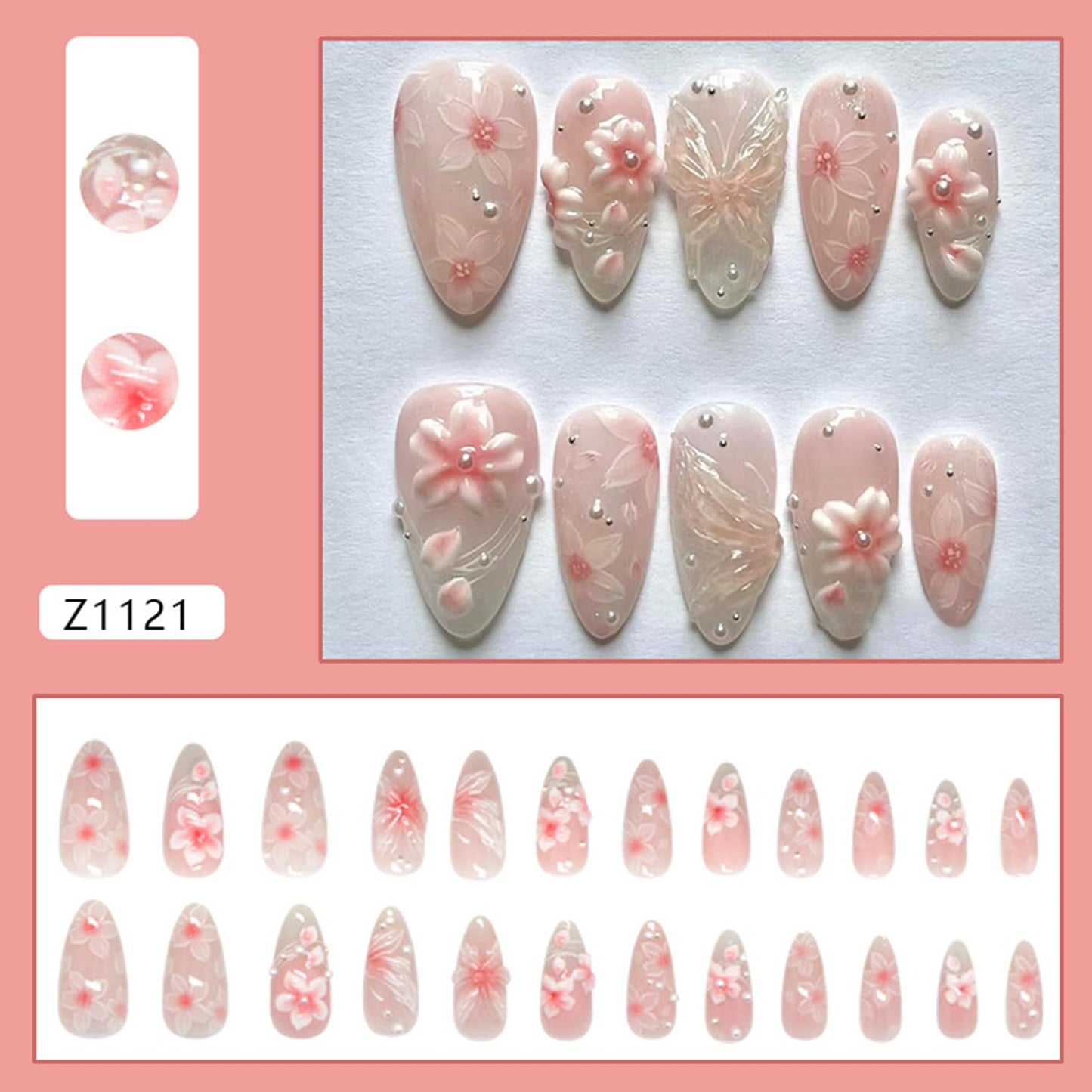 CJDLTS Pink Flower Press on Nails Medium Almond Shaped Artificial Acrylic Nails Gradient 3D Floral with Pearl Design Stick on Nails Full Cover Reusable Coffin Artificial Fingernails for Women Manicure