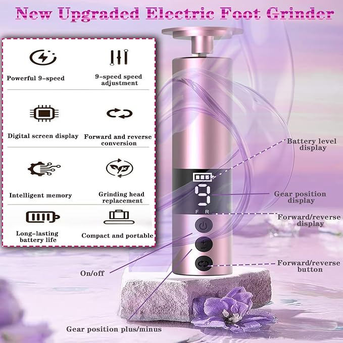 Darmave Cordless Electric Foot Callus Remover, 9 Speed Adjustable Speed Rechargeable Foot Sander Pedicure Tools for Feet Dead Skin with 80 pcs Sandpaper Disk and 20pcs Nail Buffer Sanding Rings