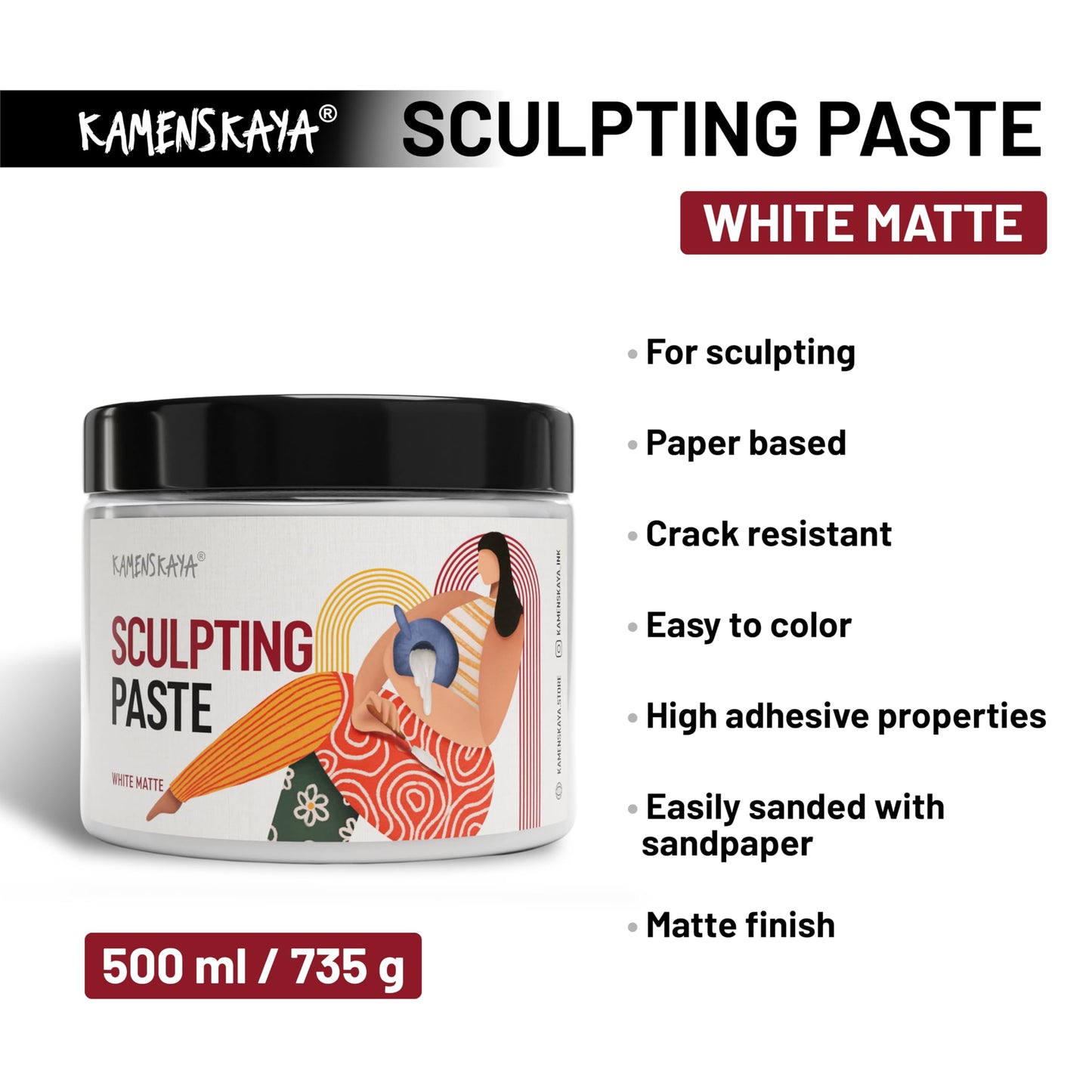 Kamenskaya Sculpture Paste - Paper Paste for Sculpting - White Matte, 500 ml (16.9 fl oz)