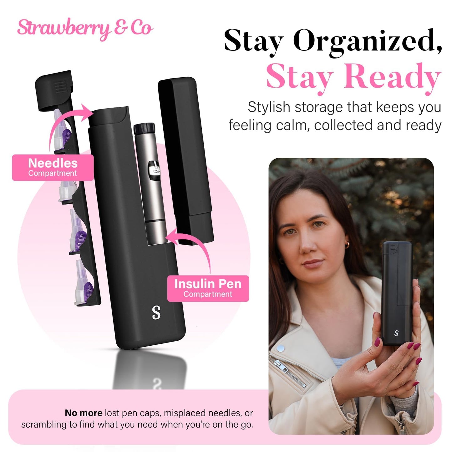 STRAWBERRY & CO Insulin Cooler Travel Case - Built-in Sharps Dispenser & Temperature-Control Organizer- TSA Approved Diabetic Pen Storage for Ozempic, Insulin Pens & Needles - Compact & Leak-Proof