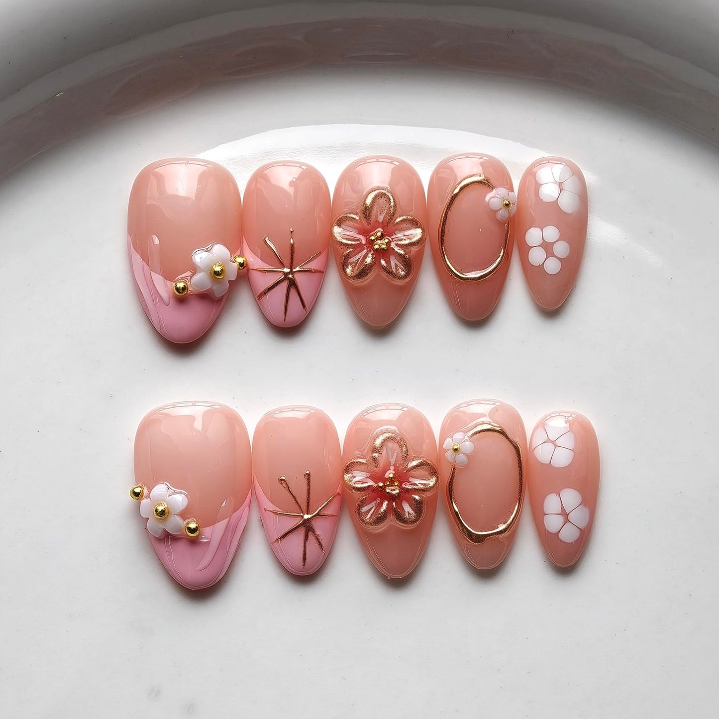French Tip Press on Nails Handmade Short Almond 3D Thick Acrylic Nails False Nails with Gold Ball Starlight Flower Designs Pink Glossy Fake Nail Sturdy Art Press on Nail 10Pcs(M)