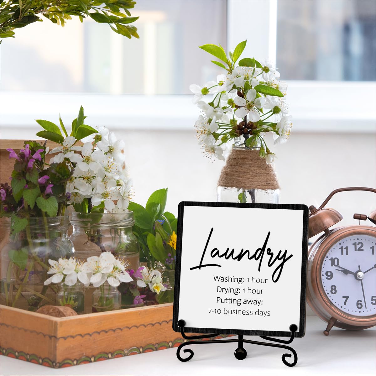 JUSITAKEET Laundry Room Desk Decor, Laundry Sign, Desk Decorations For Laundry Room, Farmhouse Funny Laundry Shelf Decor, Rustic Wooden Plaque With Stand (C07)
