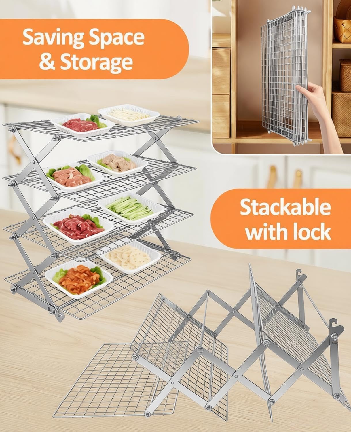 4 Tier Collapsible Cooling Rack, 2/3/4-Tier Upgraded,Adjustable ＆ Stackable Baking Rack, 5 Modes Cooling Racks for Cooking and Baking, Roasting ＆ Grilling Gifts for Picnic Party
