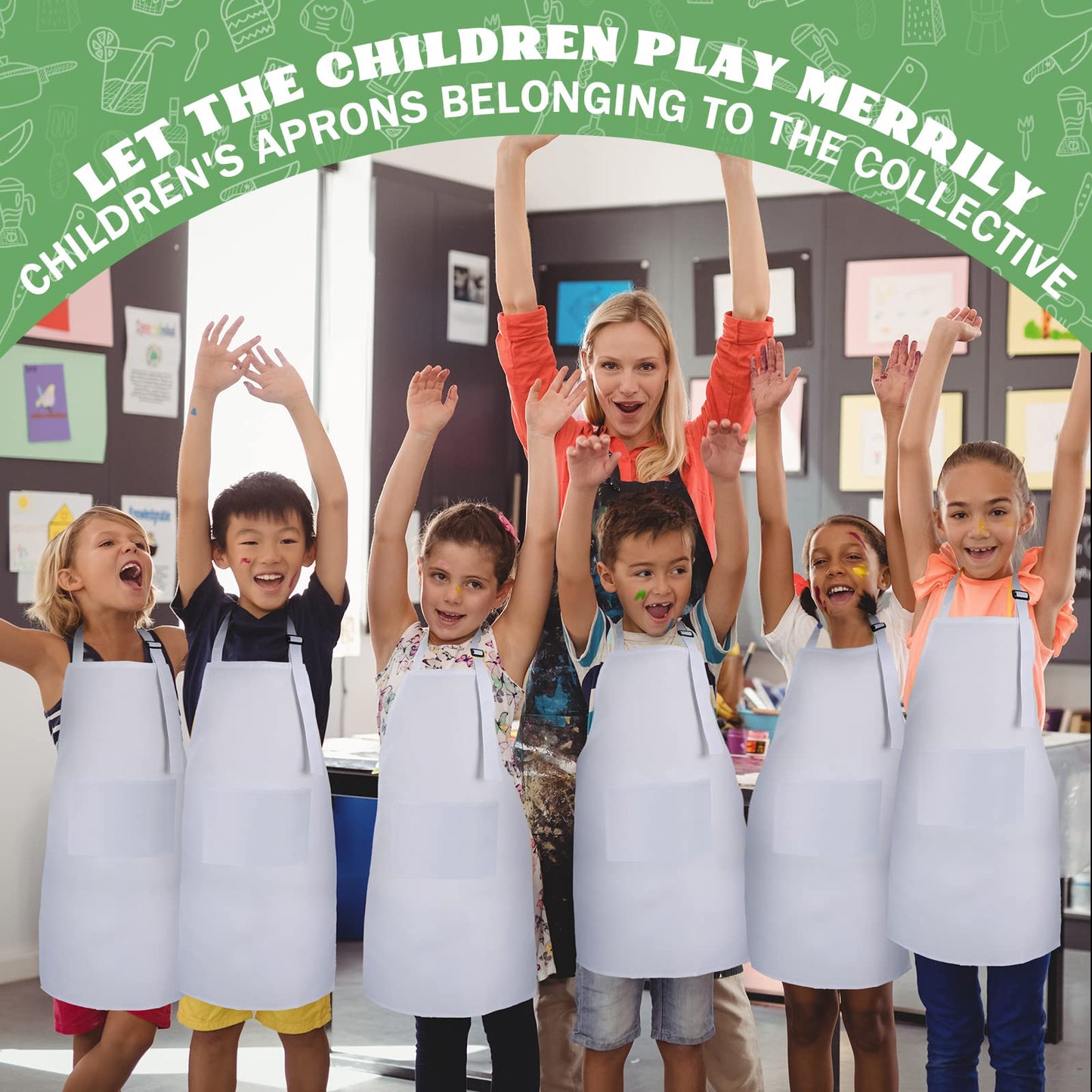 Eurzom 20 Pcs Christmas Kids Artists Aprons with Pockets Adjustable Chef Children Painting Aprons for Cooking Baking(7-13 Years,White)