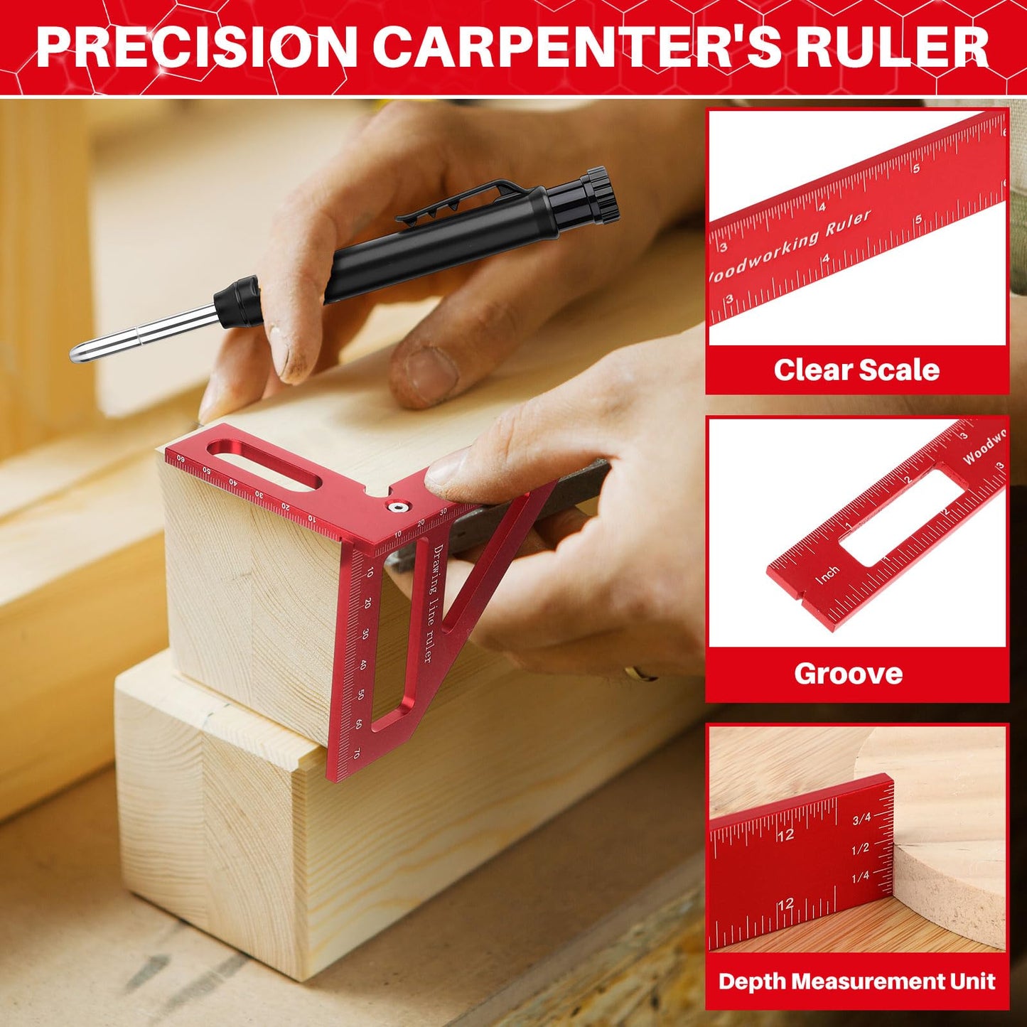 Relaxweex 32 Pack Woodworking Ruler Precision Metal Slide Rule 3D Multi-Angle Measuring Ruler Miter Triangle Rule and Mechanical Carpenter Pencils with Sharpener for Carpenters Craftsmen Builders