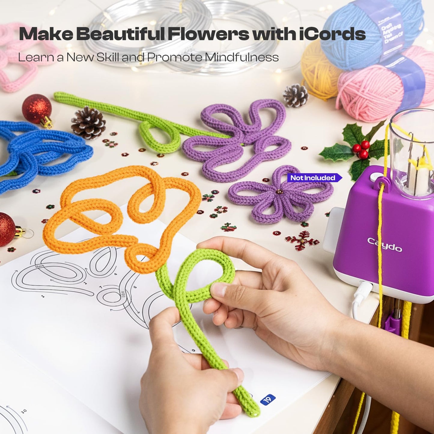Caydo i Cord Flower Making Kit with 20 Flowers & 4 Leaves Templates, 10pcs Yarn and 82ft Craft Wire Kits for Beginner, DIY Florals Handicraft Making Kit, Learn to Knitting iCord with i Cord Maker Tool