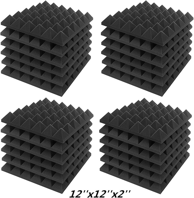 JBER Acoustic Sound Foam Panels, 24 Pack 2" X 12" X 12" Charcoal Soundproofing Treatment Studio Wall Padding Sound Absorbing Fireproof Pyramid