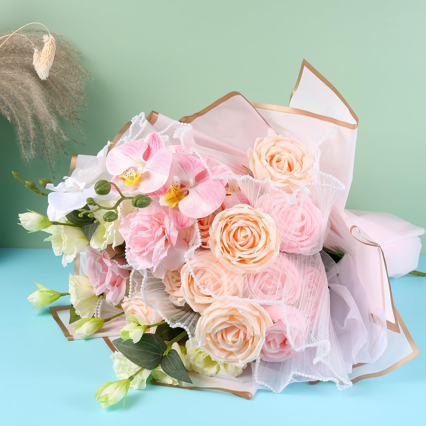 IWOLOMI 6 Pack Flower Wrapping Mesh Paper, 26.2 Yard Pearl Edge Bouquet Wrapping Packaging Mesh Paper Wrinkled Translucent for Florist Supplies Mothers Day Wedding Gift Packaging (Pink White Black)