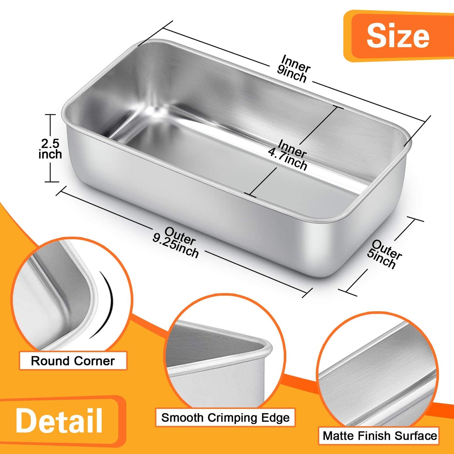 E-far Loaf Pan for Baking Bread, 9 x 5 Inch Stainless Steel Baking Loaf Pans, Metal Bakeware for Bread Meatloaf Cake Brownies, Healthy & Non Toxic, Easy Release & Dishwasher Safe - Set of 2