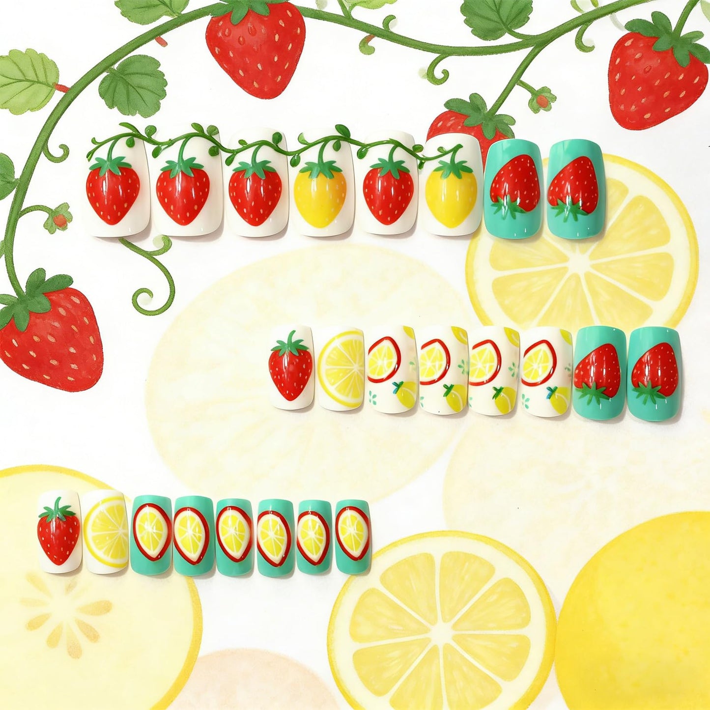 Summer Press on Nails Medium Square Fake Nails with Strawberry Lemon Designs Cute Acrylic False Nail Glossy Full Cover Stick on Nail Reusable Artificial Glue on Nails for Women 24Pcs