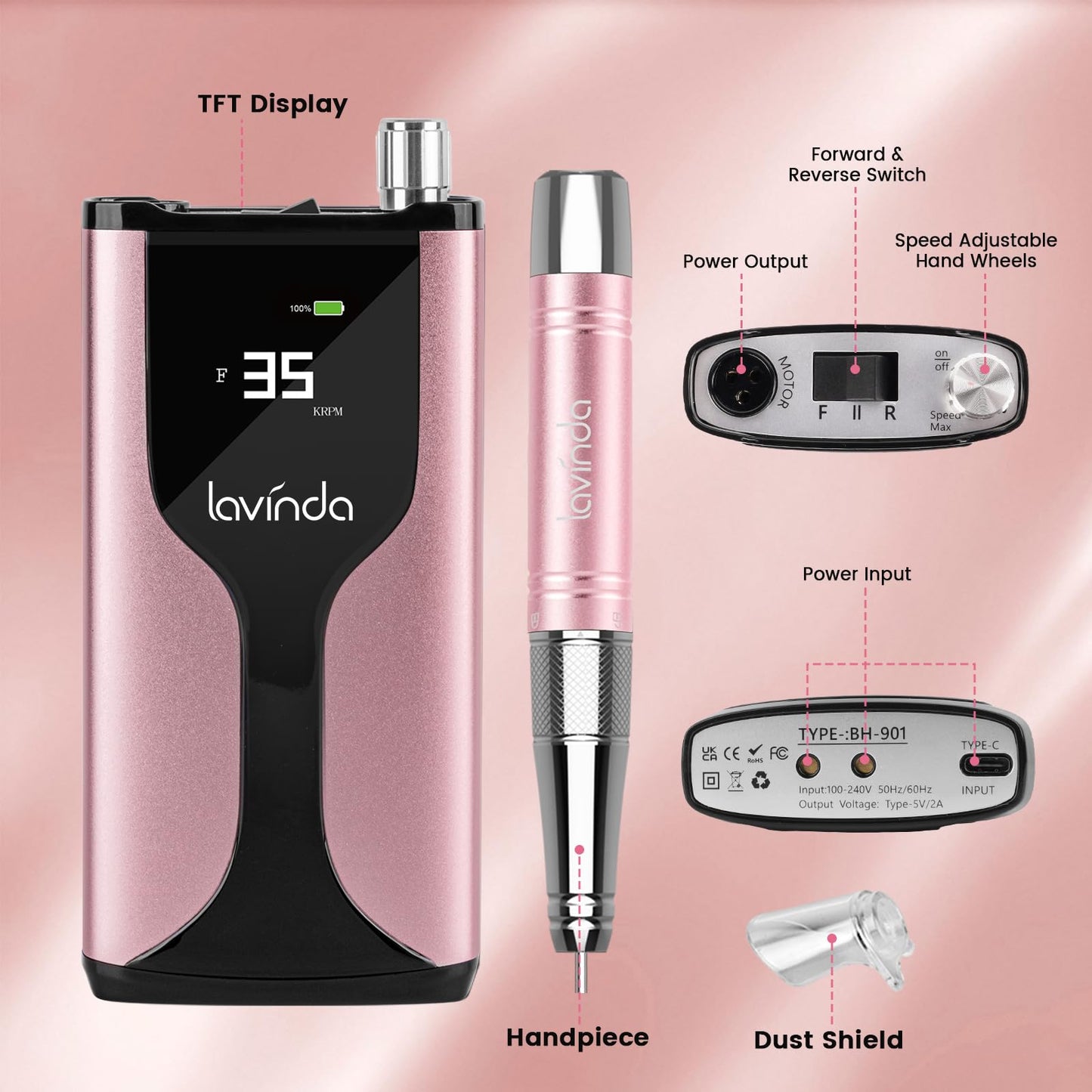 Lavinda Professional Rechargeable Nail Drill Machine, Cordless 35,000RPM Skyspace Brushless Nail Drill, Portable Electrical Nail File for Acrylic Nails with Protective Case, Rose Gold