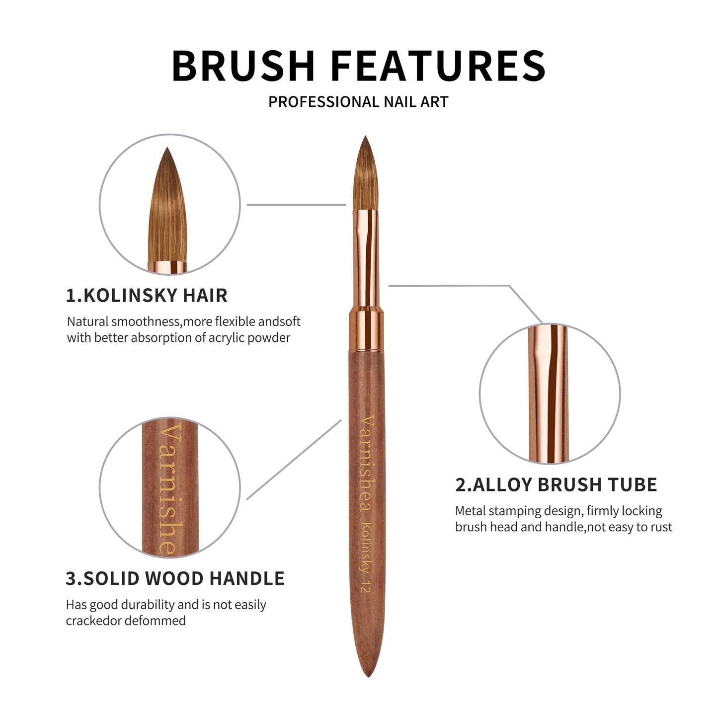 varnishea Pure Kolinsky Hair Acrylic Nail Brush Solid Wood Handle Professional Manicure Brushes for Powder Nail Acrylic Application - Salon & DIY Nail Art Essentials - Size 14, 1.0 Count