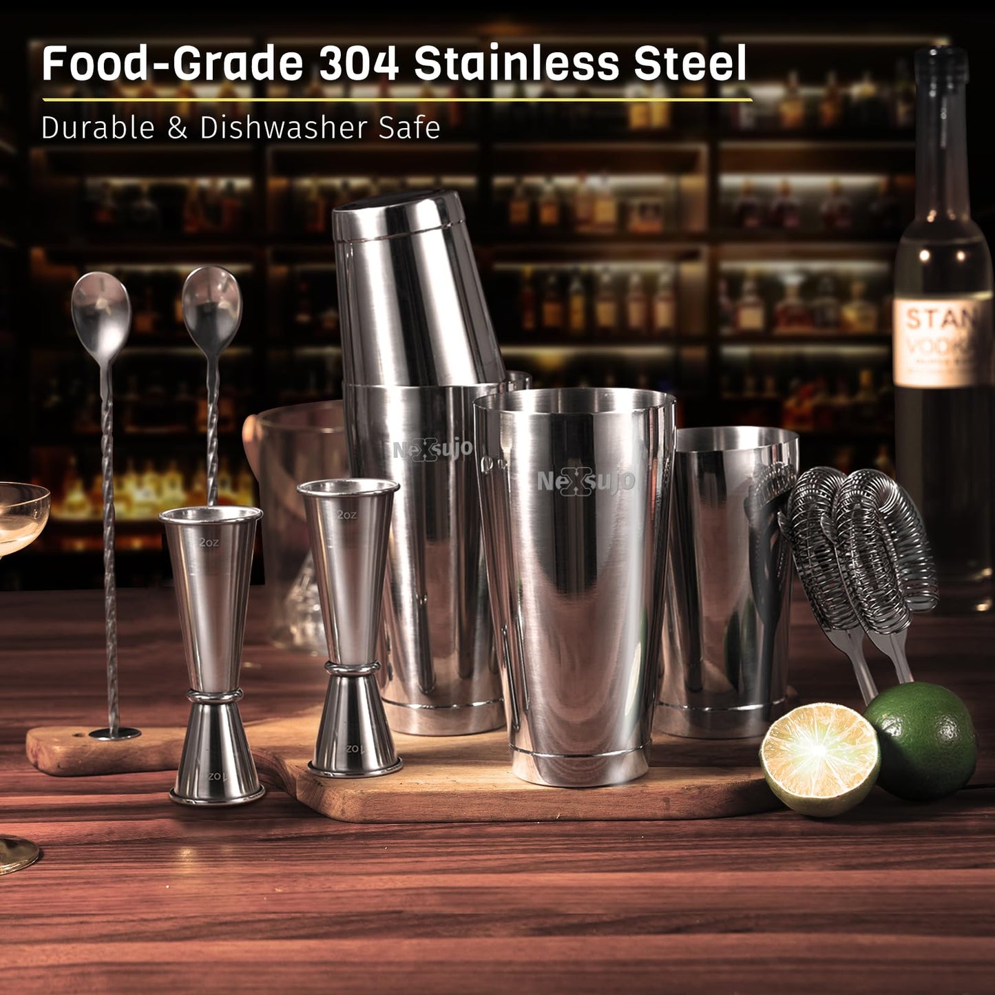 Nexsujo Boston Cocktail Shaker, 8-Piece Professional Shaker Set, Stainless Steel Bar Tools Set with Boston Shaker, Bar Spoon, Jigger, Hawthorne Strainer, Dishwasher Safe, Ideal Bartender Kit for Bar