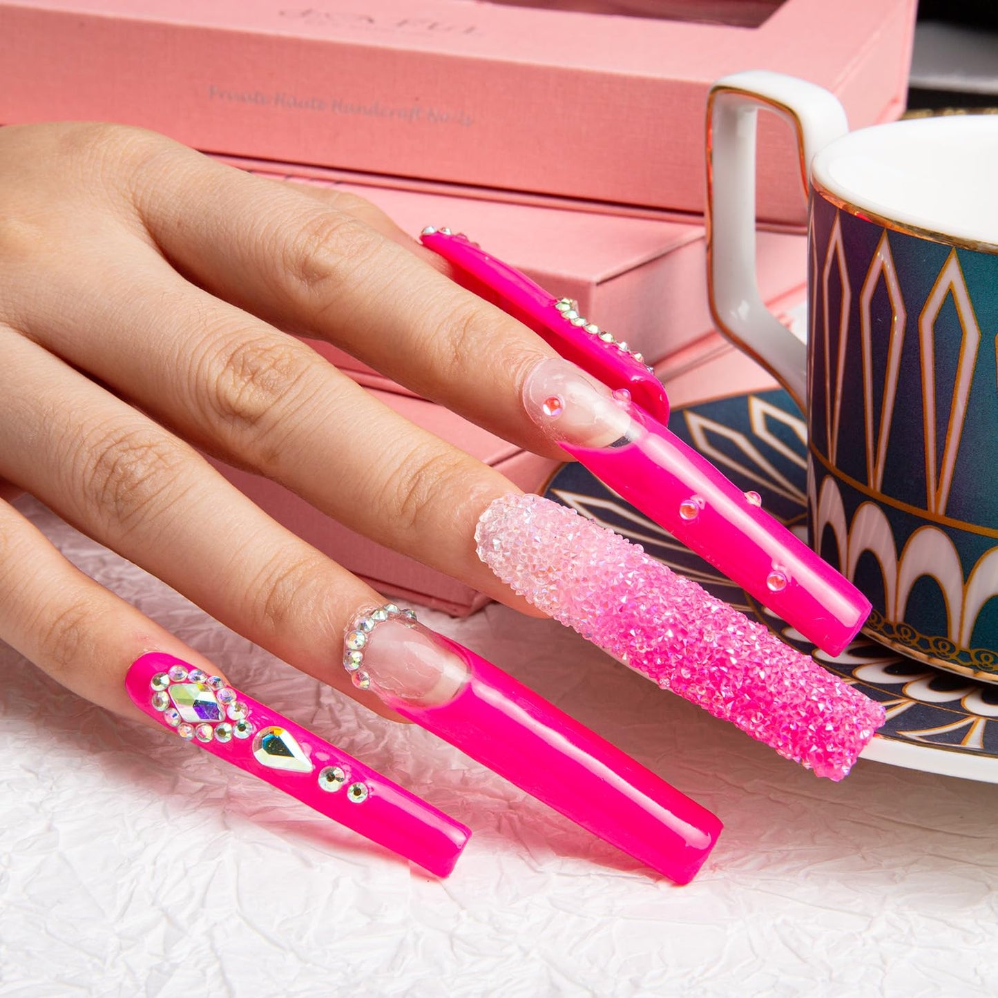 LOVFUL Press on Nails Pink Typhoon Square | Glitter Pink Fake Nails | Princess Nails | Stick on Nails | Square Long 2.2 in | H38 (M)