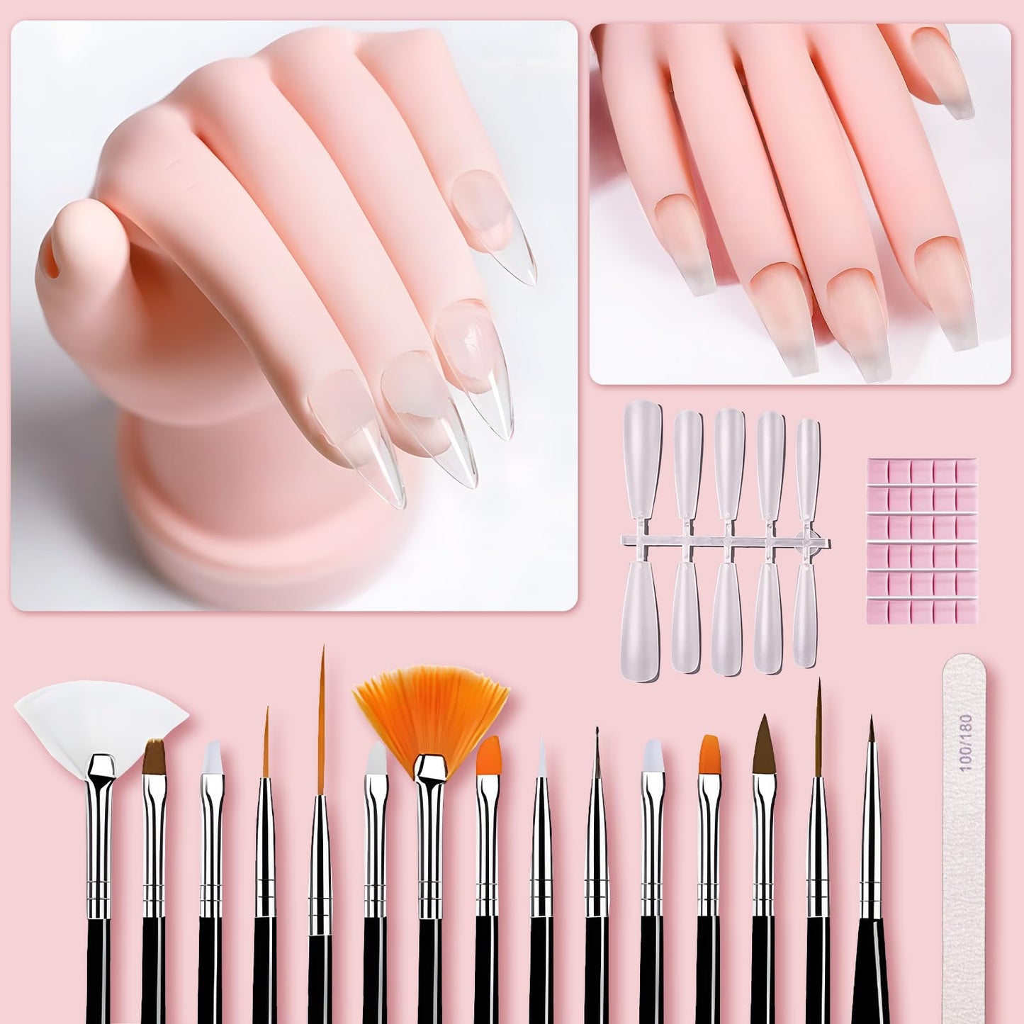 Practice Hand for Acrylic Nails, Mannequin Hand for Nails Practice, Flexible Bendable False Fake Nail Hand with 100Pcs Nail Tips and Nail Art Tools, DIY Nails Display Manicure Hand Tools Supply
