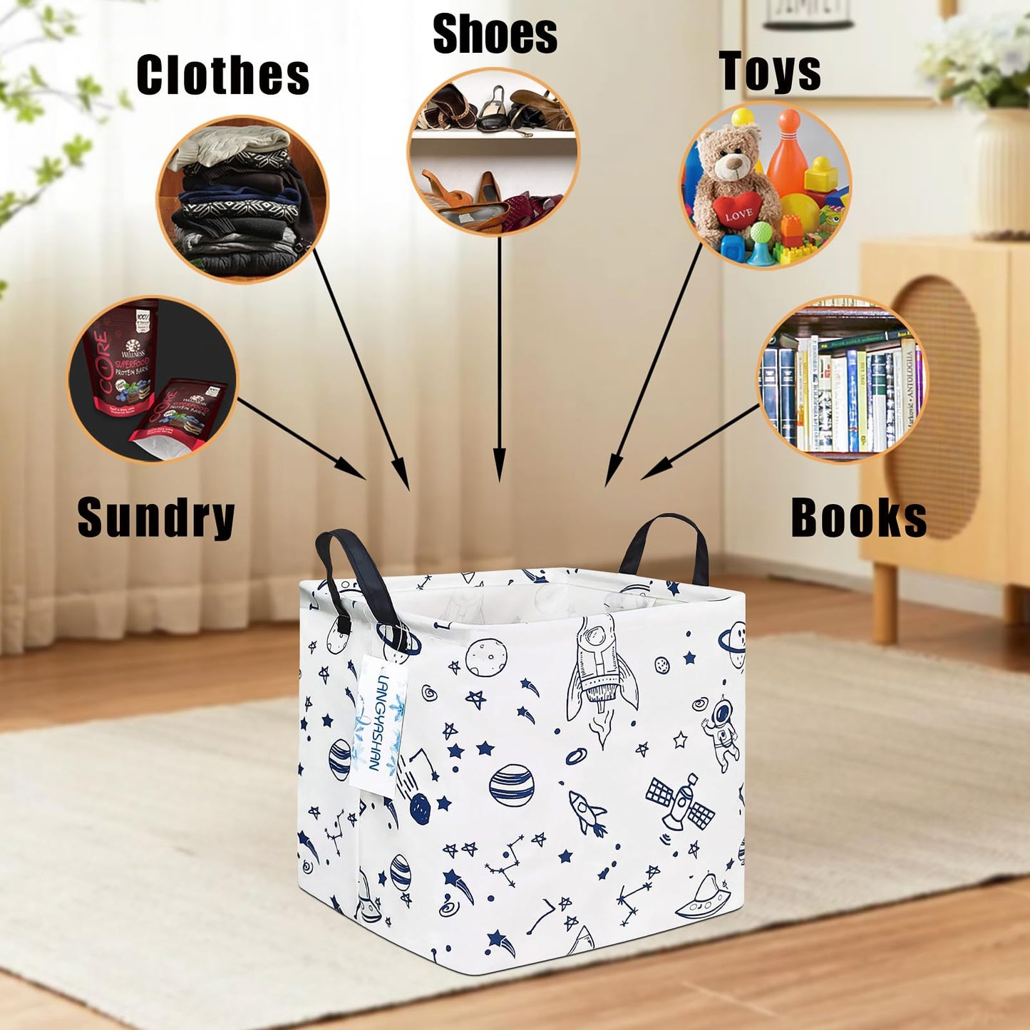 LANGYASHAN Square Storage Baskets Waterproof Canvas Children Laundry Nursery Hamper for Shelves Gift Baskets Toy Organizer Room Decor (Square spaceship)