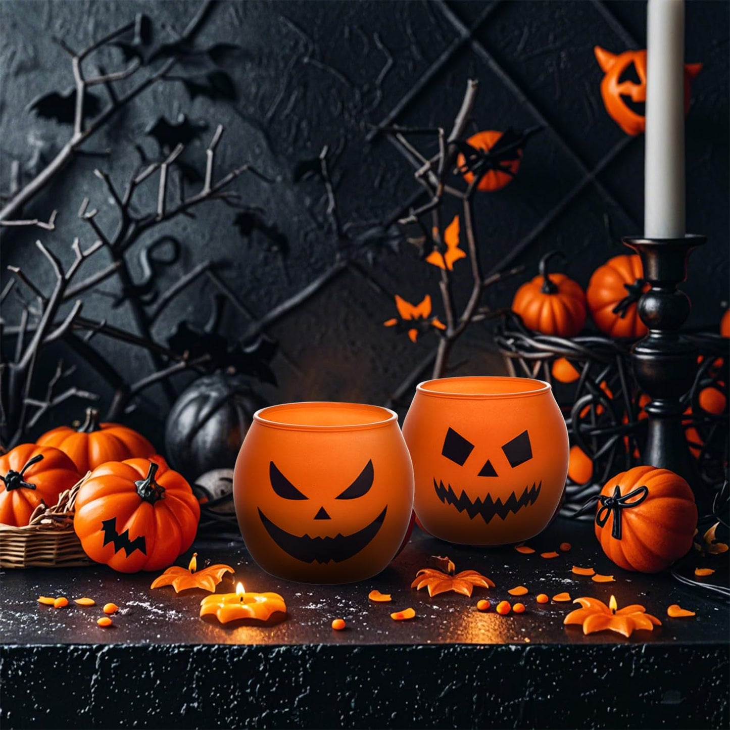 Galssmagic Halloween Table Decor Candle Holder Set of 6,Orange Pumpink Grimace Glass Votive Candle Holders Indoor Outdoor Halloween Decor