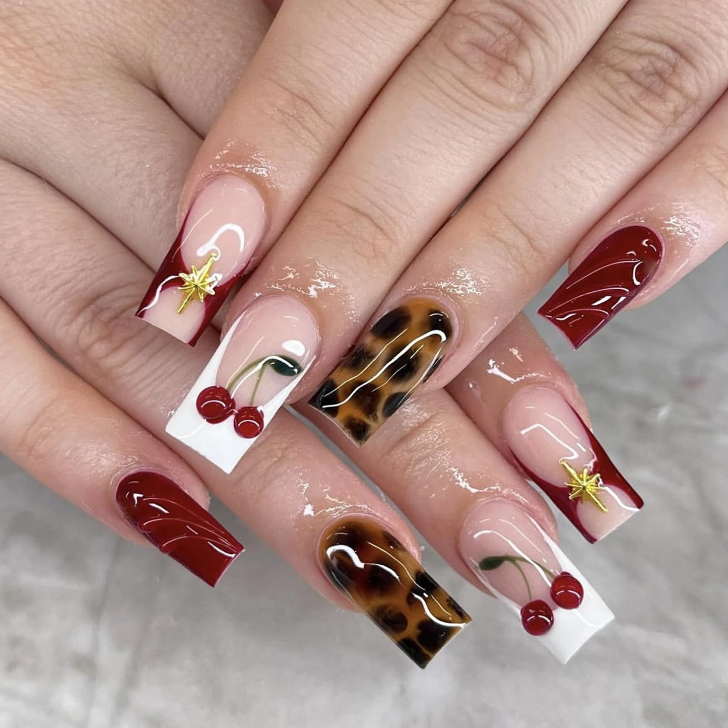 IMRAIN Press on Nails Long Square Fake Nails with 3D Cherry, Leopard Print Designs Glue on Nails Brown Red Acrylic False Nails for Women