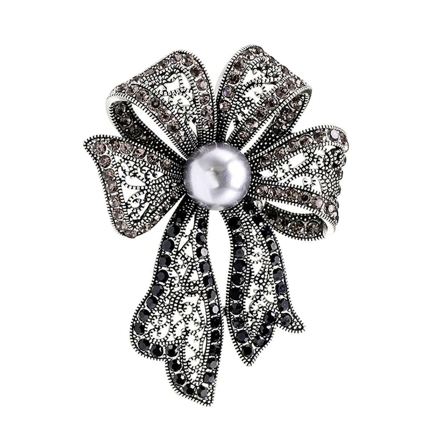 SinglinArt Black Bow Brooch for Women Rhinestone Crystal Artificial Pearl Jewelry
