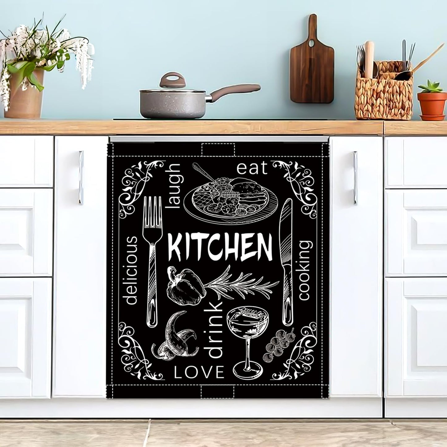 Black Dishwasher Magnet Cover, 23x26 in Summer Decor Dishwasher Magnet Covers Kitchen Decoration Dish Washer Magnets Sticker Funny Fridge Magnets Panel Decal Magnetic Covers