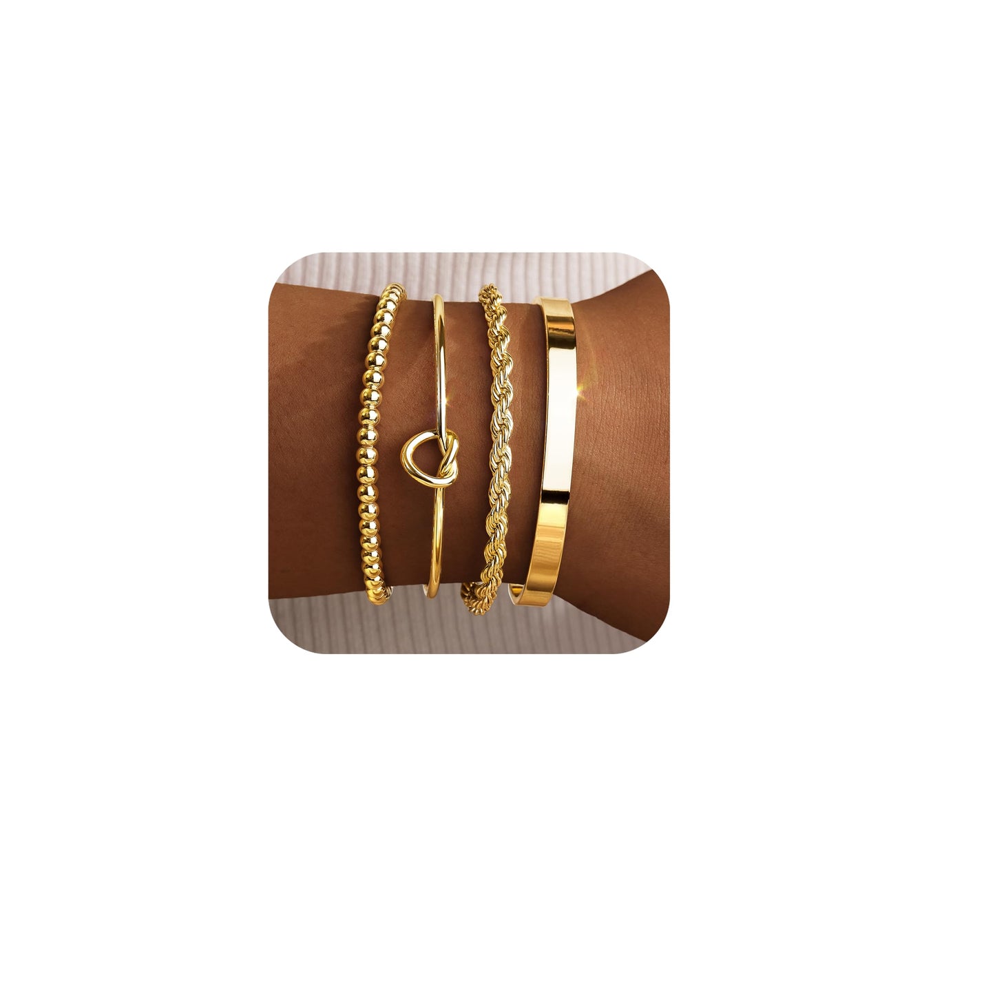 Gold Cuff Bracelets Stack for Women, 14K Real Gold Plated Bangle Link Chain Bracelets, Trendy Waterproof Jewelry Gifts Adjustable