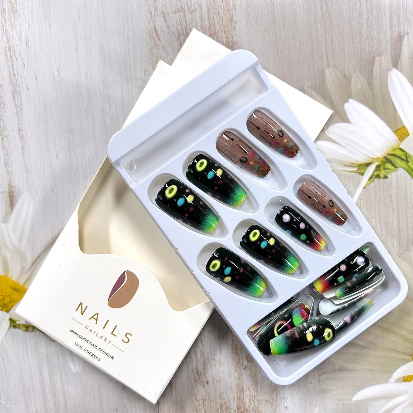 Press on Nails Medium Ballet Shaped Black False Nails Rainbow Gradient Press Nails Colorful Circle Pattern Design Artificial Nails Full Cover Stick on Nails Acrylic Glue on Nails for Women 24Pcs